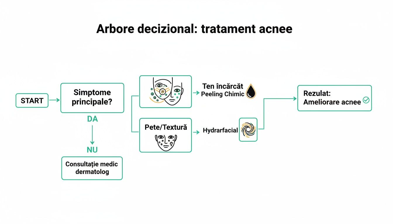 Tratament pt Acnee: Ghid Complet pentru un Ten Fără Imperfecțiuni 4 Diagramă arbore decizional pentru tratamentul acneei, ghidând de la simptome la proceduri specifice și rezultate.