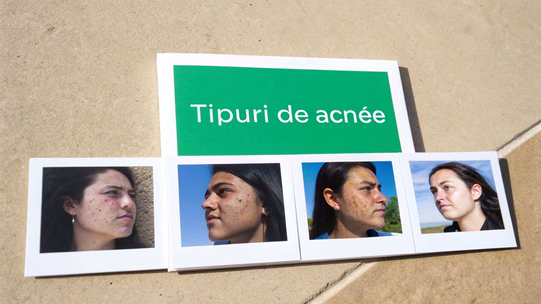 Tratament pt Acnee: Ghid Complet pentru un Ten Fără Imperfecțiuni 2 O imagine cu patru fotografii ale feței unei femei, ilustrând diverse tipuri de acnee, sub titlul „Tipuri de acnee”.