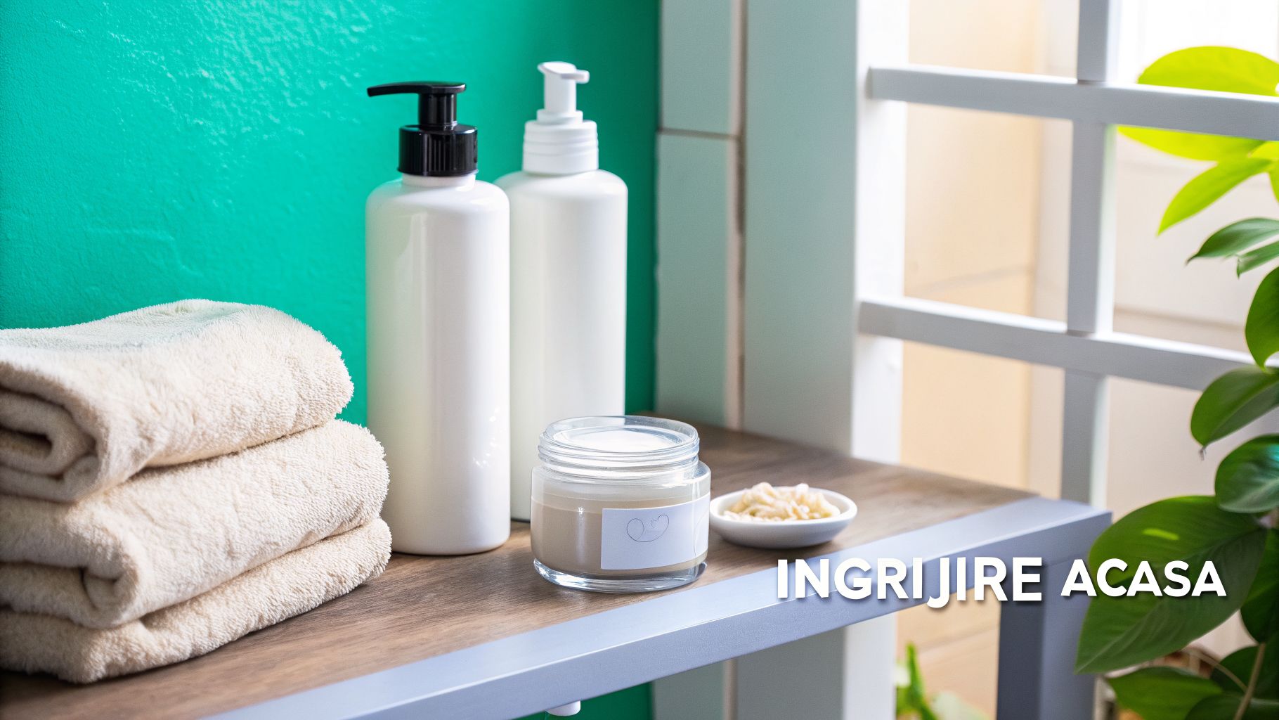 Tratament pt Acnee: Ghid Complet pentru un Ten Fără Imperfecțiuni 3 Produse de îngrijire personală și prosoape pe un raft, cu un perete verde și o plantă în fundal.
