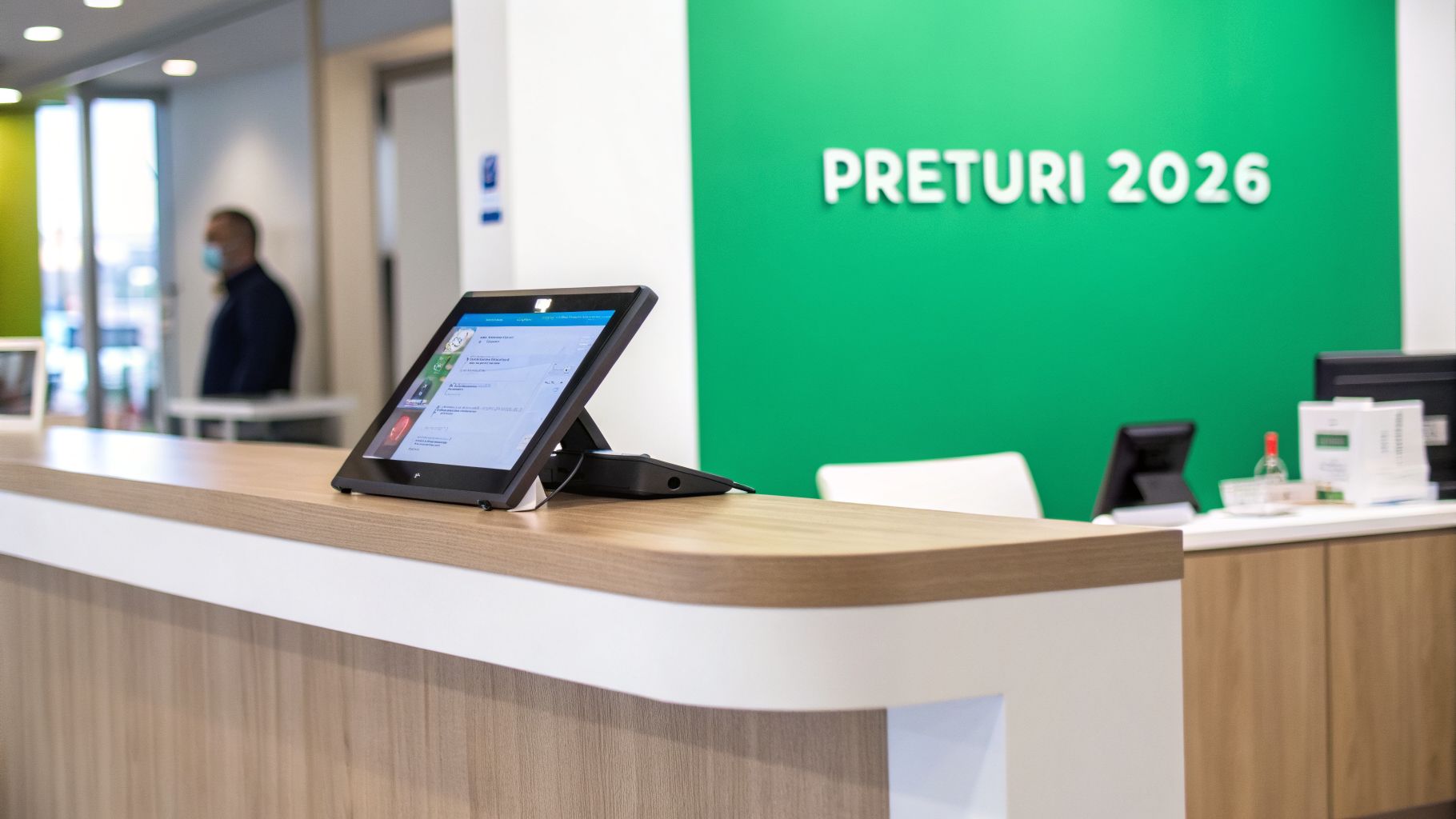 Ghid clinica estetica Bucuresti preturi 2026 actualizat 2 Recepție modernă cu tabletă interactivă și perete verde cu textul "PRETURI 2026", într-o clinică.