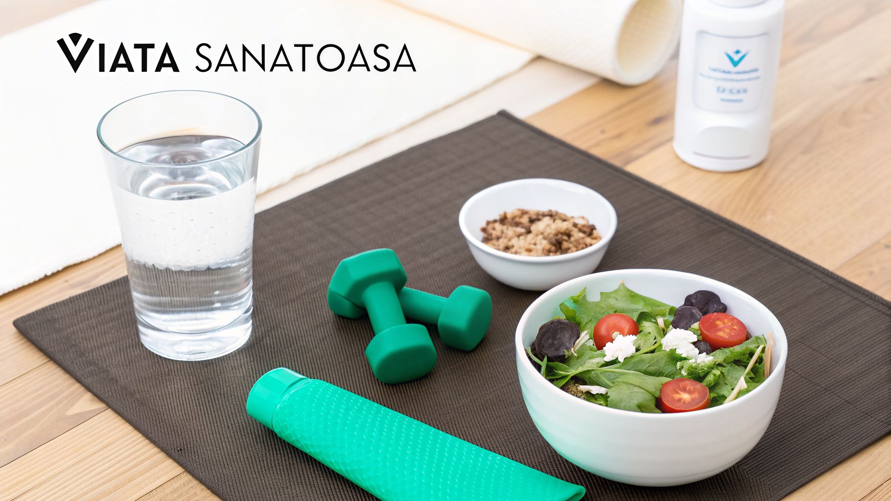 Masaj anticelulitic acasa: Ghid complet pentru rezultate in 2026 3 Imagine cu elemente pentru un stil de viață sănătos: salată proaspătă, apă, gantere, granola și suplimente.