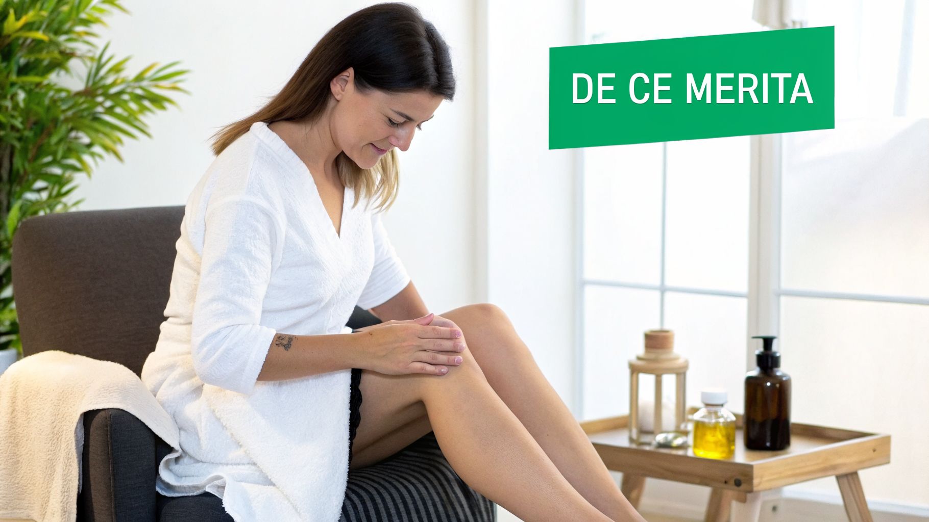 Masaj anticelulitic acasa: Ghid complet pentru rezultate in 2026 1 O femeie relaxată, într-un halat alb, își masează delicat picioarele acasă, într-un mediu primitor cu produse de îngrijire.