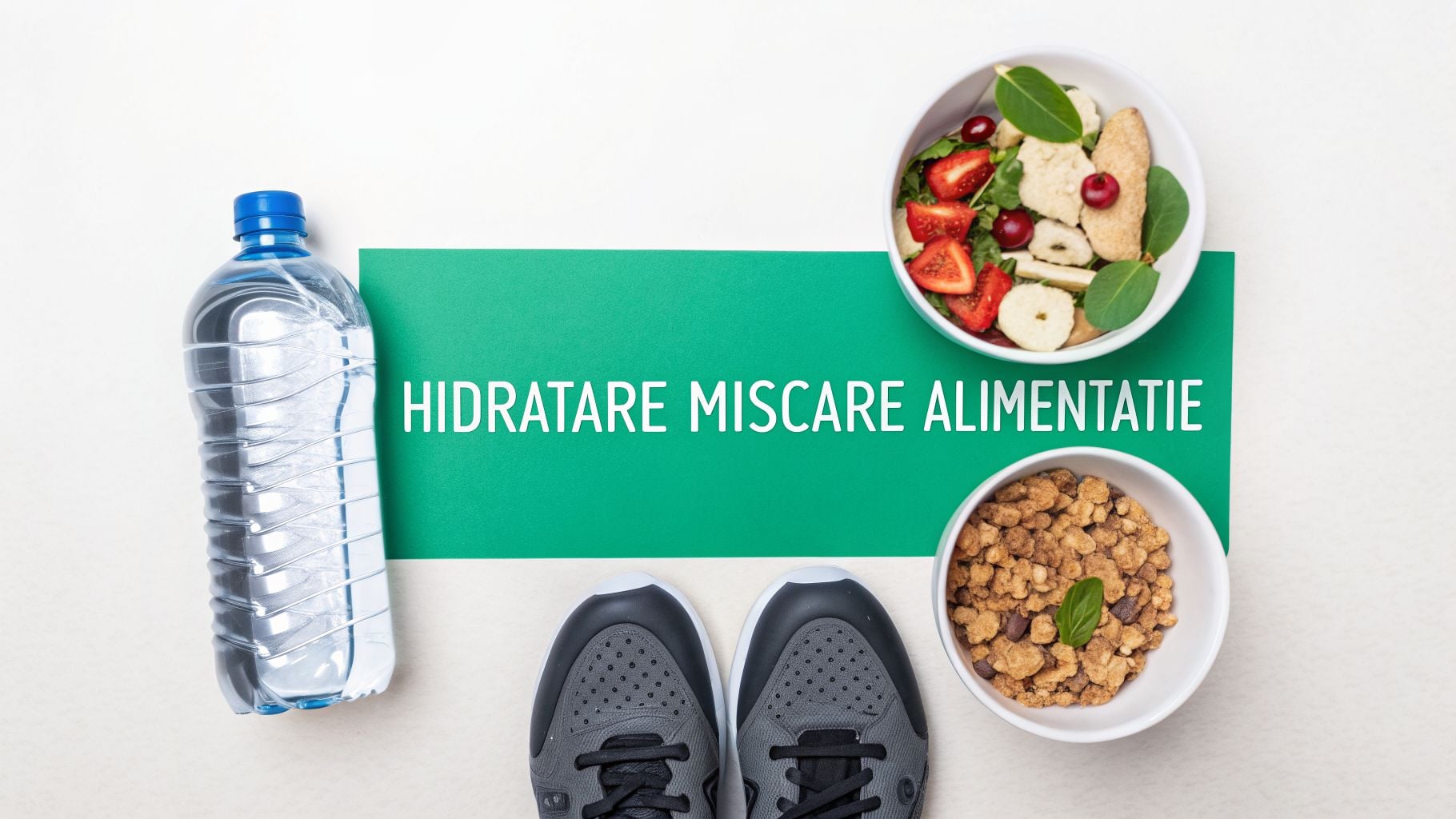 Remodelare corporala: Ghid complet 2026 pentru rezultate vizibile 1 O sticlă de apă, adidași de alergare și boluri cu mâncare sănătoasă pe un fundal verde cu textul 'HIDRATARE MISCARE ALIMENTATIE'.