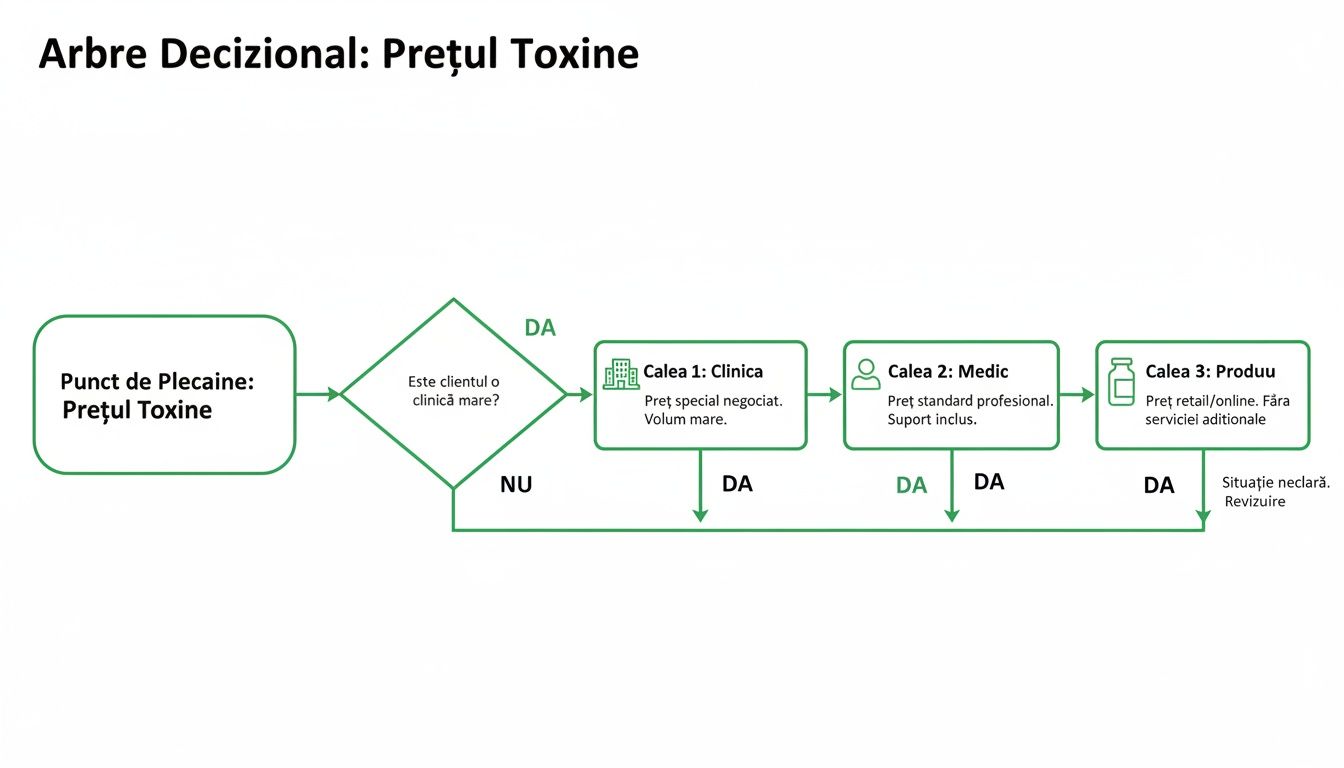 Toxina botulinica pret: costuri și ghid în București 1 Diagramă arbore decizional pentru prețul toxinelor, prezentând căi pentru clinici, medici și vânzare produs.