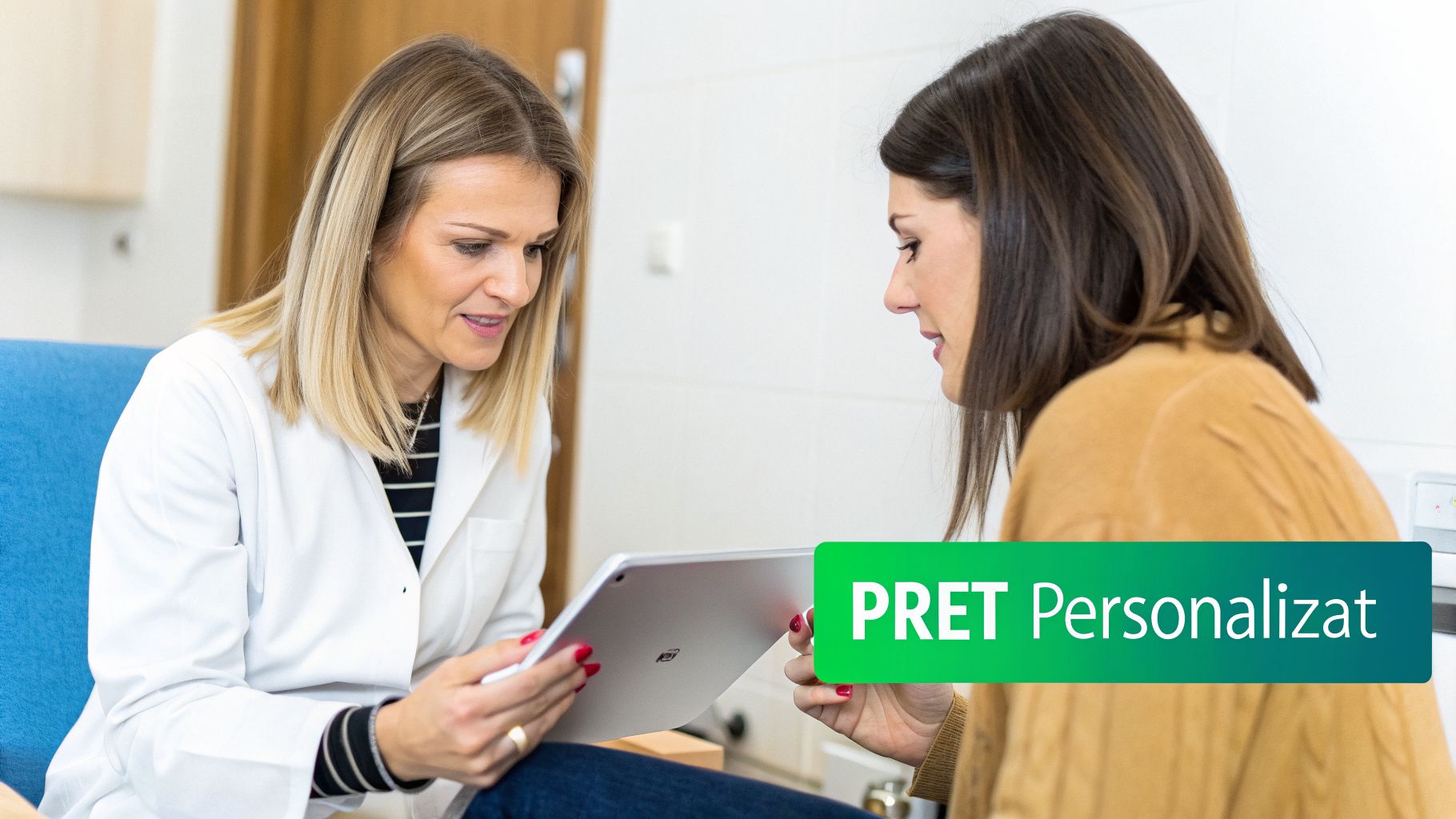 Două femei discută un tratament, una în halat alb, privind o tabletă, cu textul 'PRET Personalizat'.