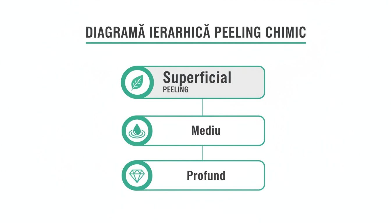 Peeling chimic pret 2026: Ghid complet tratamente în București 2 Diagramă ierarhică ce clasifică peelingul chimic în superficial, mediu și profund, cu iconuri relevante.