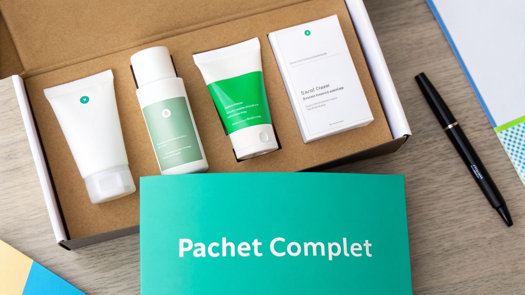 Peeling chimic pret 2026: Ghid complet tratamente în București 3 Un set de produse cosmetice într-o cutie, incluzând tuburi, sticle și o broșură verde, pe o masă de lemn.