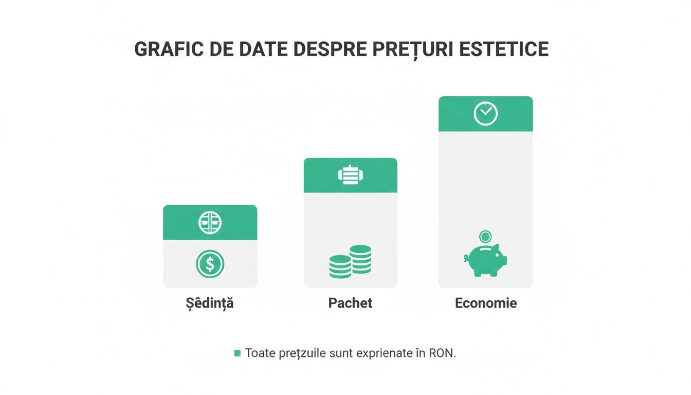 Ghid clinica estetica Bucuresti preturi 2026 actualizat 1 Diagramă cu bare comparând prețurile estetice pentru ședințe individuale, pachete și economii, exprimate în RON.