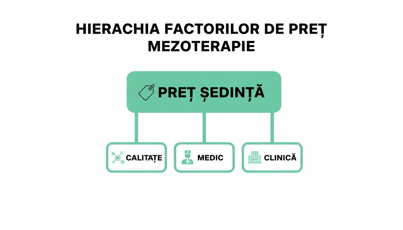 Mezoterapie faciala pret: Ghidul costurilor și beneficiilor în 2026 1 Diagramă care prezintă ierarhia factorilor de preț pentru mezoterapie: Calitatea, Medicul și Clinica influențează prețul ședinței.