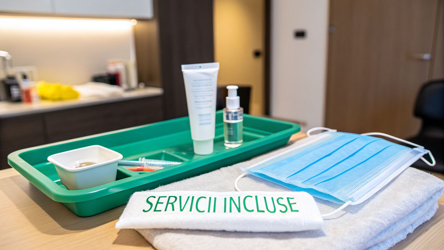 Mezoterapie faciala pret: Ghidul costurilor și beneficiilor în 2026 2 Imagine detaliată cu produse pentru mezoterapie facială: cremă, ser, seringi, mască și prosoape, evidențiind servicii incluse.