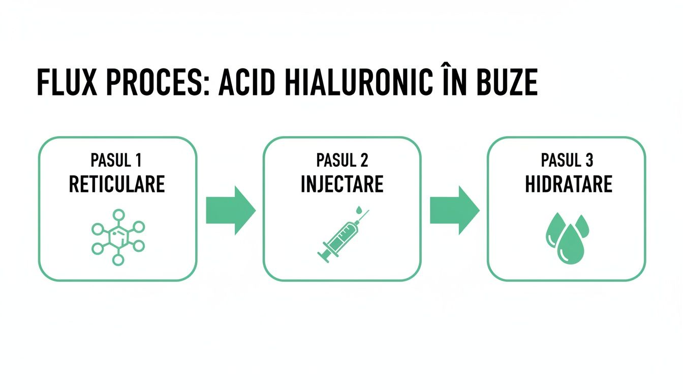 Ghid complet acid hialuronic buze pentru un aspect natural în 2026 2 Diagramă flux proces pentru acid hialuronic în buze, prezentând trei pași: reticulare, injectare și hidratare.