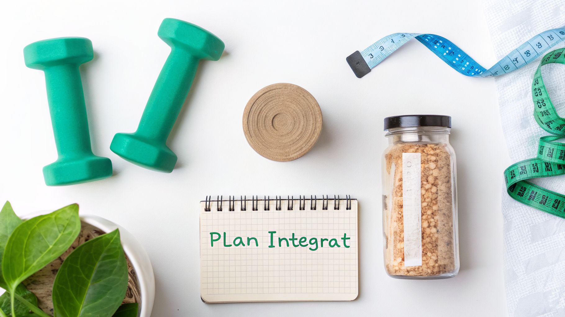 Pielea lasata dupa slabire: ghid complet pentru fermitate si tonifiere 2 Echipament de fitness și obiecte pentru un stil de viață sănătos, inclusiv gantere, bandă de măsurat și un plan.