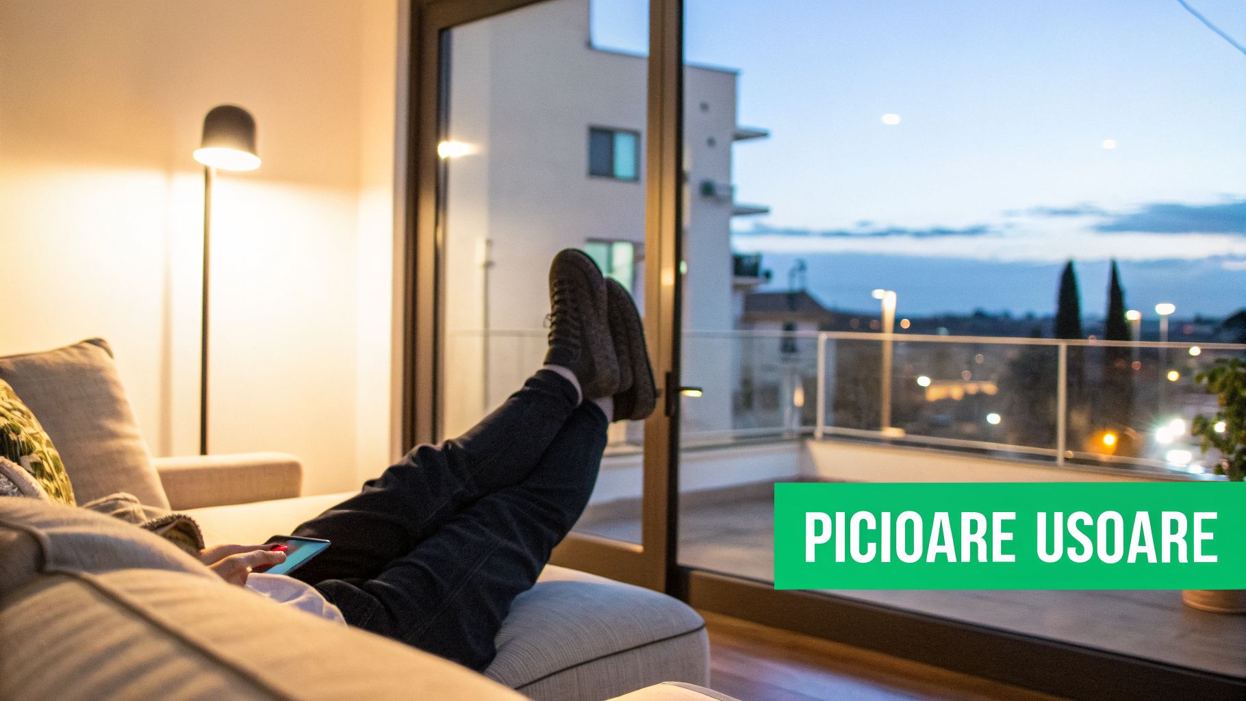 O persoană se relaxează pe o canapea cu picioarele ridicate, folosind un telefon, într-un apartament confortabil.