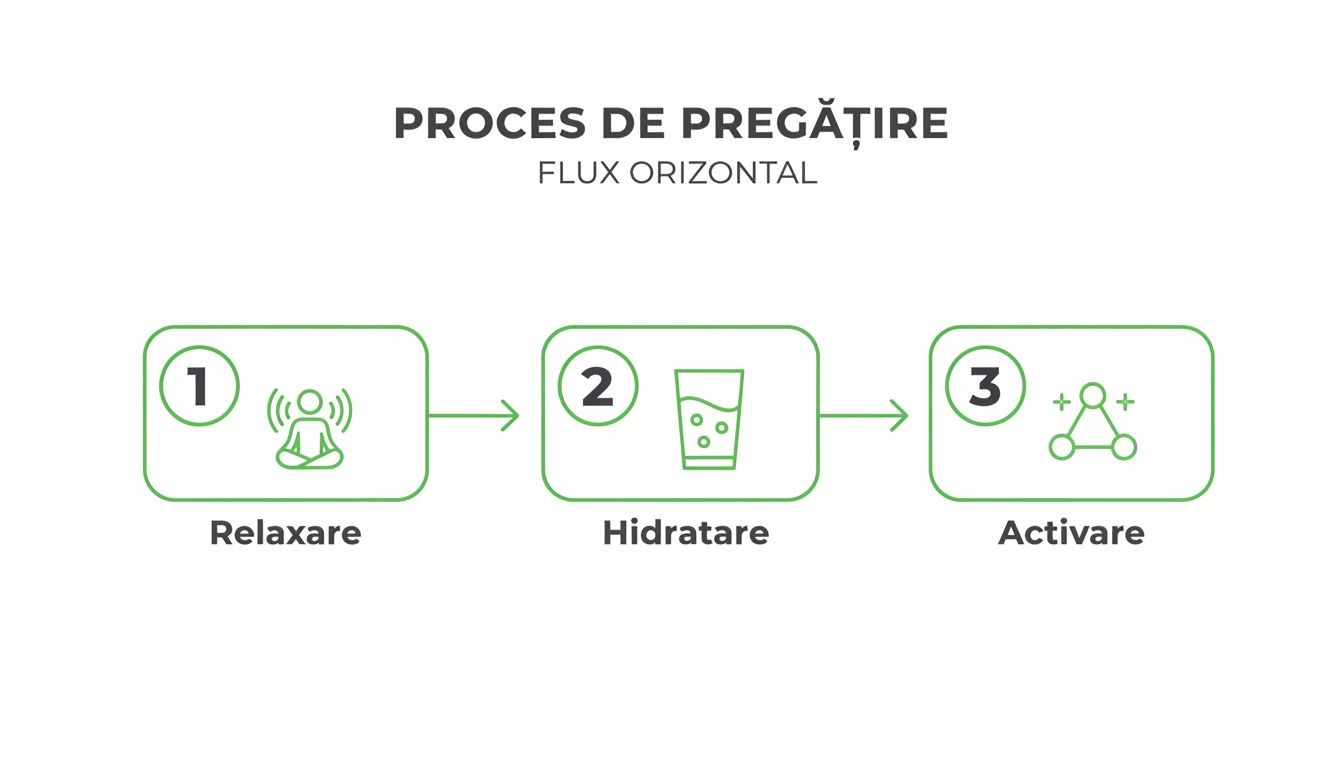 Drenaj limfatic acasa: tehnici rapide pentru picioare usoare 2 Diagrama procesului de pregătire cu trei pași orizontali: relaxare, hidratare și activare.