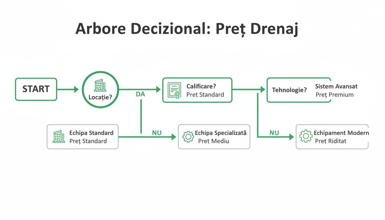 Pret Drenaj Limfatic București: Prețuri 2026 & Beneficii Reshape 2 Diagramă arbore decizional despre prețul drenajului, incluzând criterii ca locația, calificarea și tehnologia.