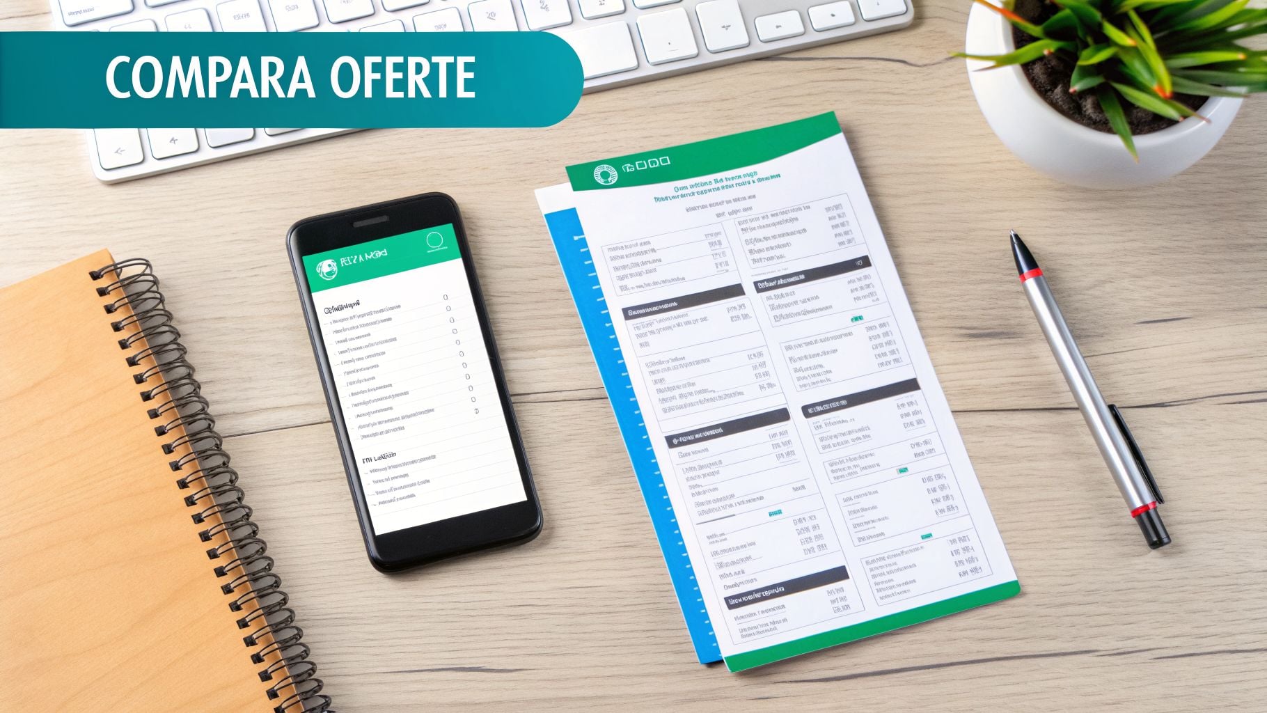 Epilare definitivă București prețuri 2026 un ghid complet al costurilor 2 O imagine de ansamblu a unui birou cu un smartphone, un document tipărit, tastatură, caiet, pix și plantă, cu textul 'COMPARA OFERTE'.