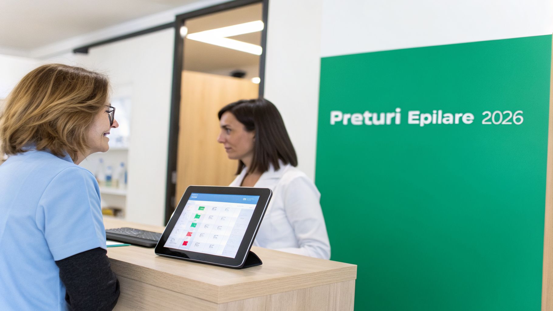 Epilare definitiva preturi 2026 un ghid complet al costurilor 1 Două femei la o recepție de clinică, una uitându-se la o tabletă, cu un panou verde în fundal.
