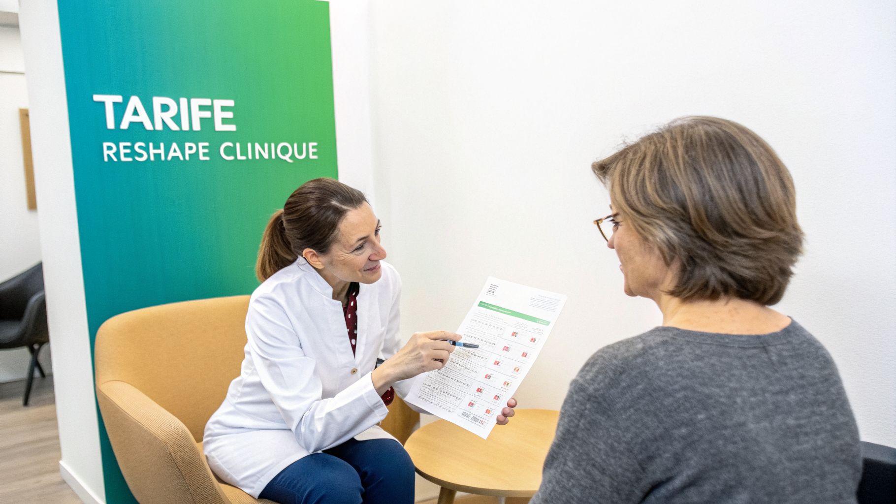 Epilare definitiva preturi 2026 un ghid complet al costurilor 2 O doctoriță explică tarifele clinicii Reshape unei paciente, arătând un document.