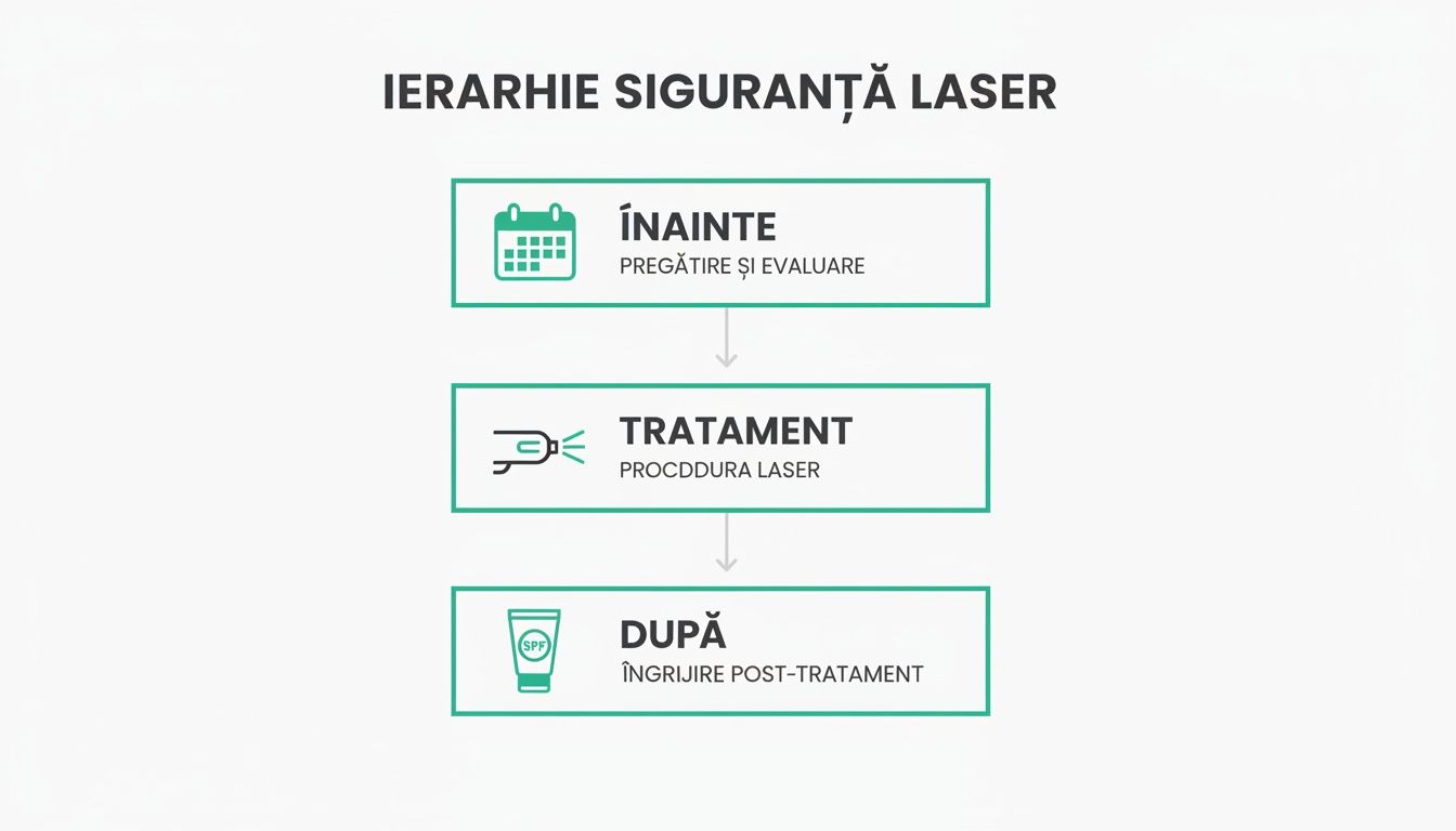 Epilare definitiva riscuri - Ghid complet despre siguranță și efecte secundare 2 Diagramă ce prezintă etapele siguranței în tratamentul cu laser: pregătire, procedură și îngrijire post-tratament.