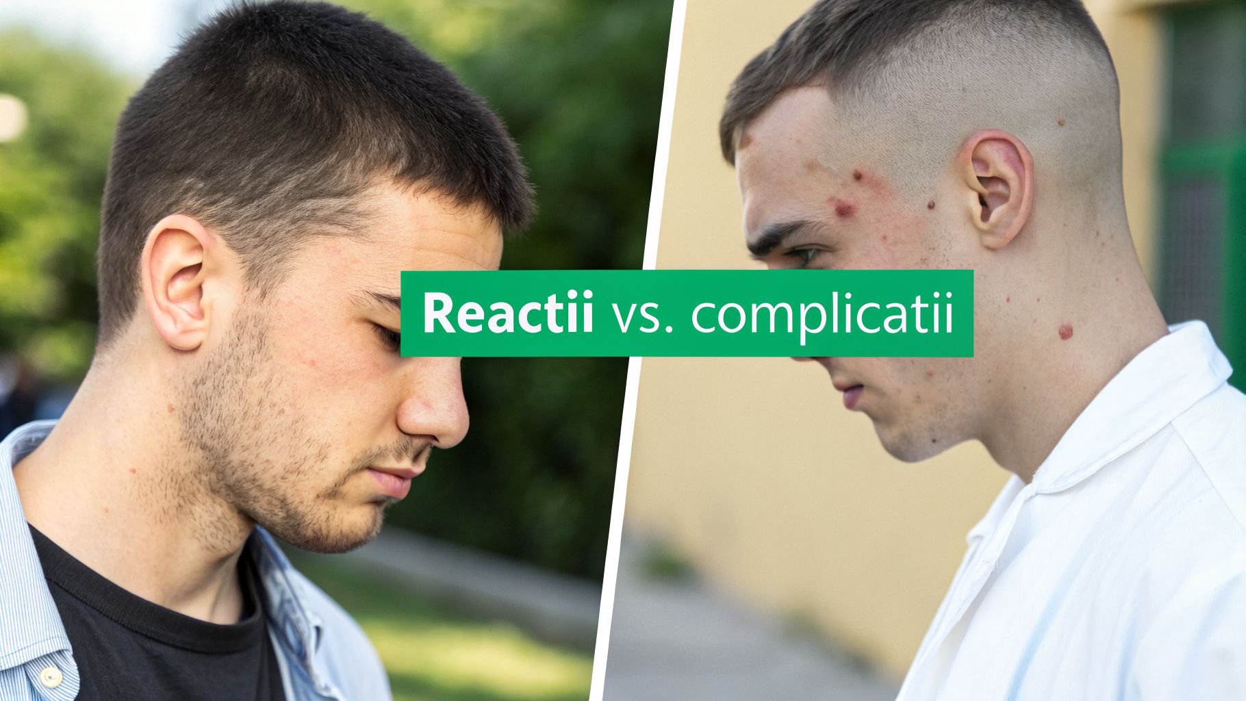 Epilare definitiva riscuri - Ghid complet despre siguranță și efecte secundare 1 Două portrete de bărbați, unul cu piele curată și altul cu erupții cutanate, separați de textul „Reactii vs. complicatii”.