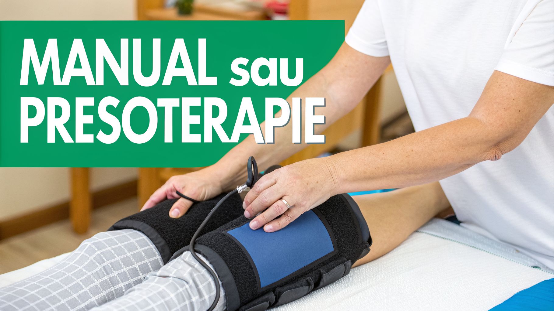 Pret Drenaj Limfatic București: Prețuri 2026 & Beneficii Reshape 1 Fizioterapeut aplicând cizme de presoterapie pe picioarele unui pacient, cu textul „Manual sau Presoterapie”.