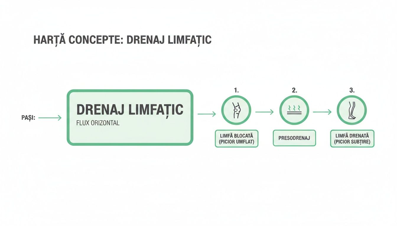 Remedii pentru picioare umflate: soluții eficiente pentru confort zilnic 3 Hartă conceptuală detaliată a drenajului limfatic, ilustrând etapele de la picioare umflate la cele subțiri.