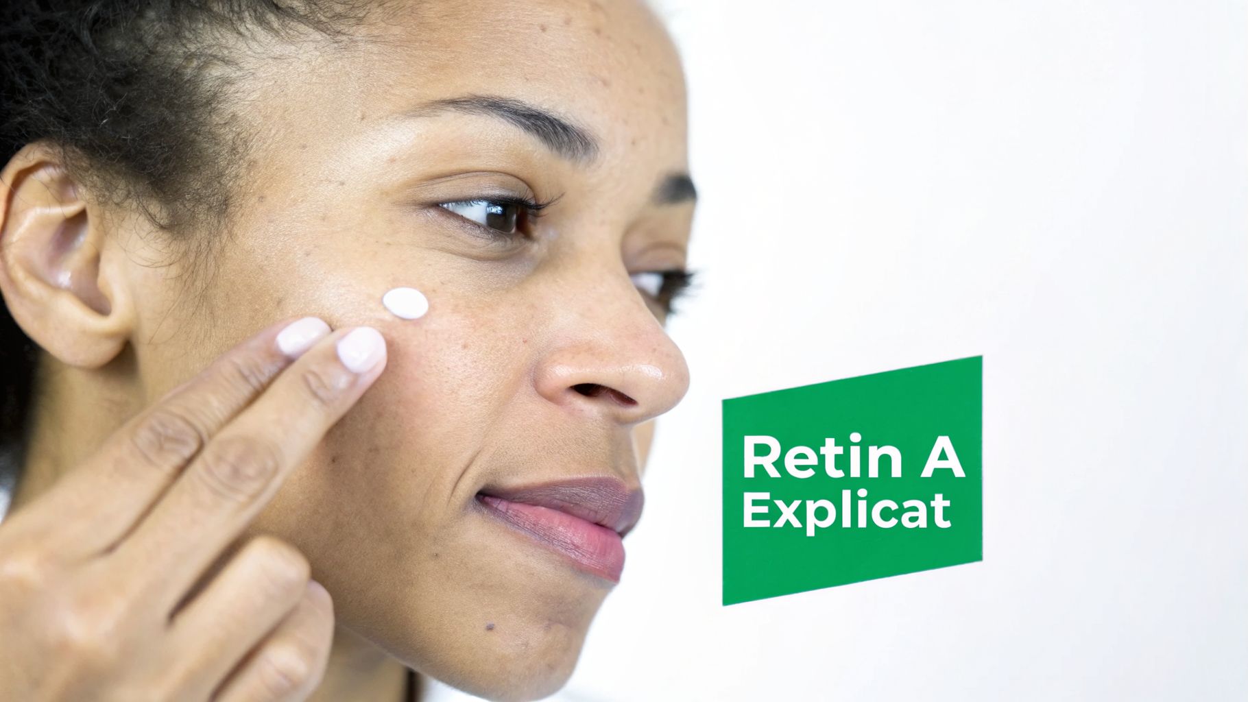 O femeie aplică cremă pe față, cu textul „Retin A Explicat” vizibil pe fundal verde.