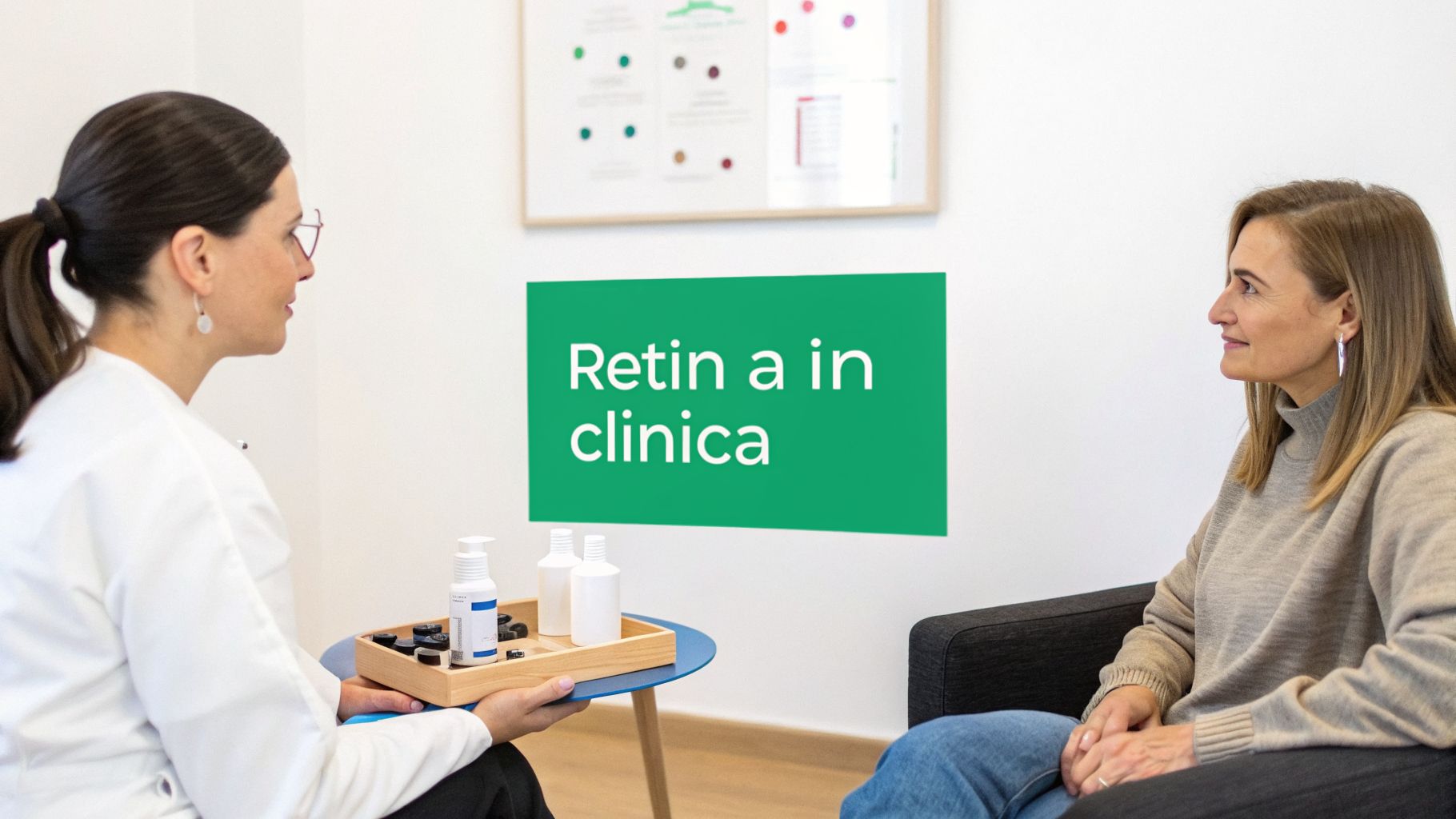 Ghidul tău pentru Retin A crema și un ten transformat în 2026 3 O doctoriță prezintă produse de îngrijire a pielii unei paciente într-un cabinet, cu mesajul 'Retin a in clinica'.