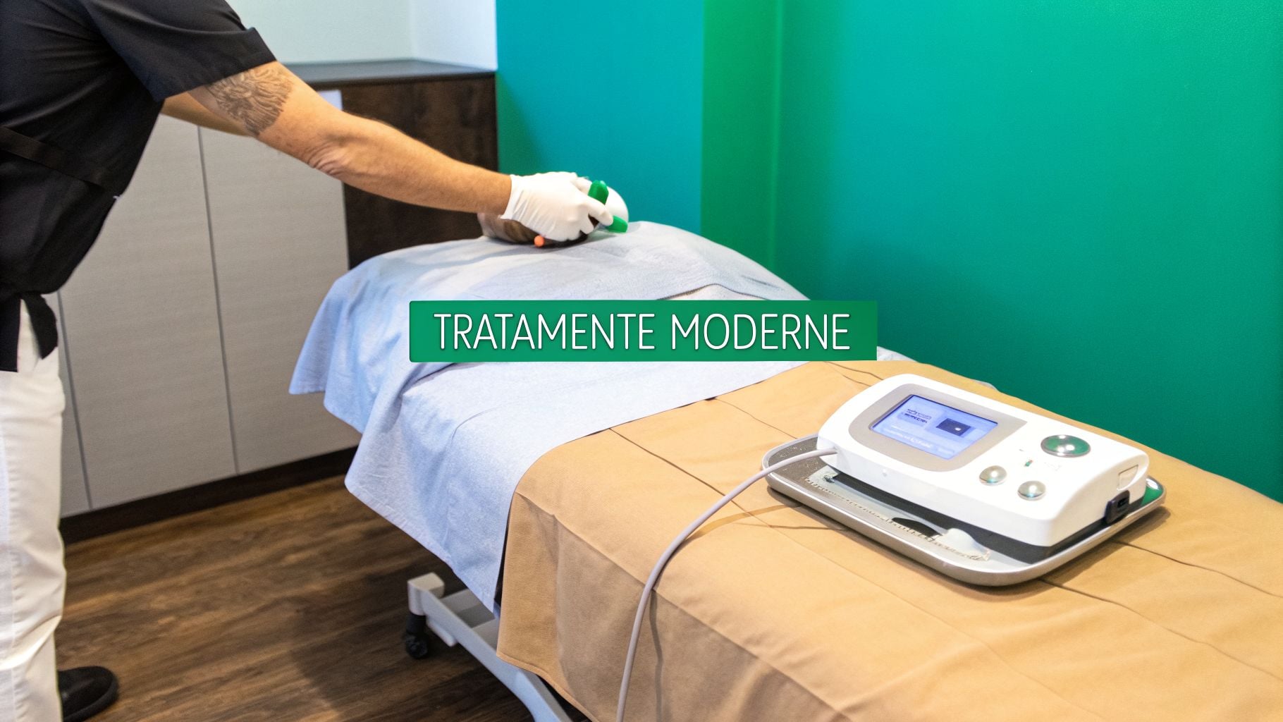 Vergeturi pe sani: Ghid complet pentru prevenție și tratament eficient în 2026 3 O persoană primește tratament pe o masă medicală, cu un specialist folosind un aparat. Imaginea promovează tratamente moderne.