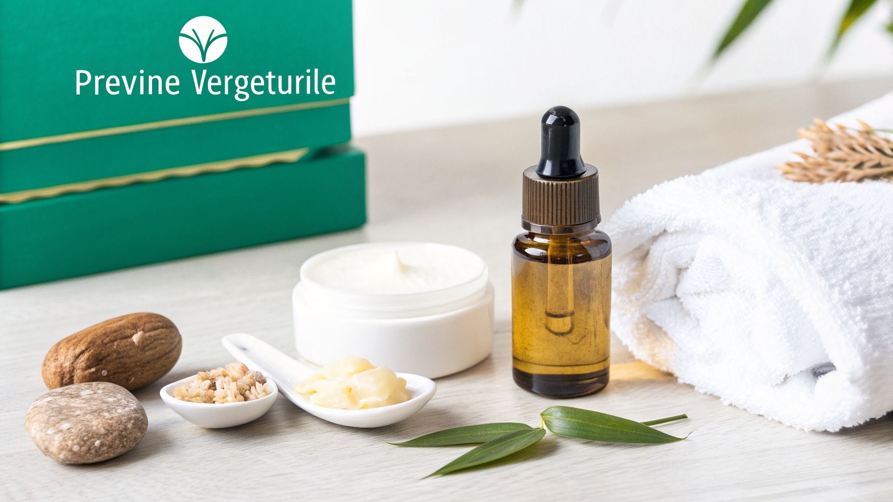 Vergeturi pe sani: Ghid complet pentru prevenție și tratament eficient în 2026 2 Produse și ingrediente naturale pentru îngrijirea pielii, inclusiv cremă, ulei, unturi și pietre, cu mesajul 'Previne Vergeturile'.