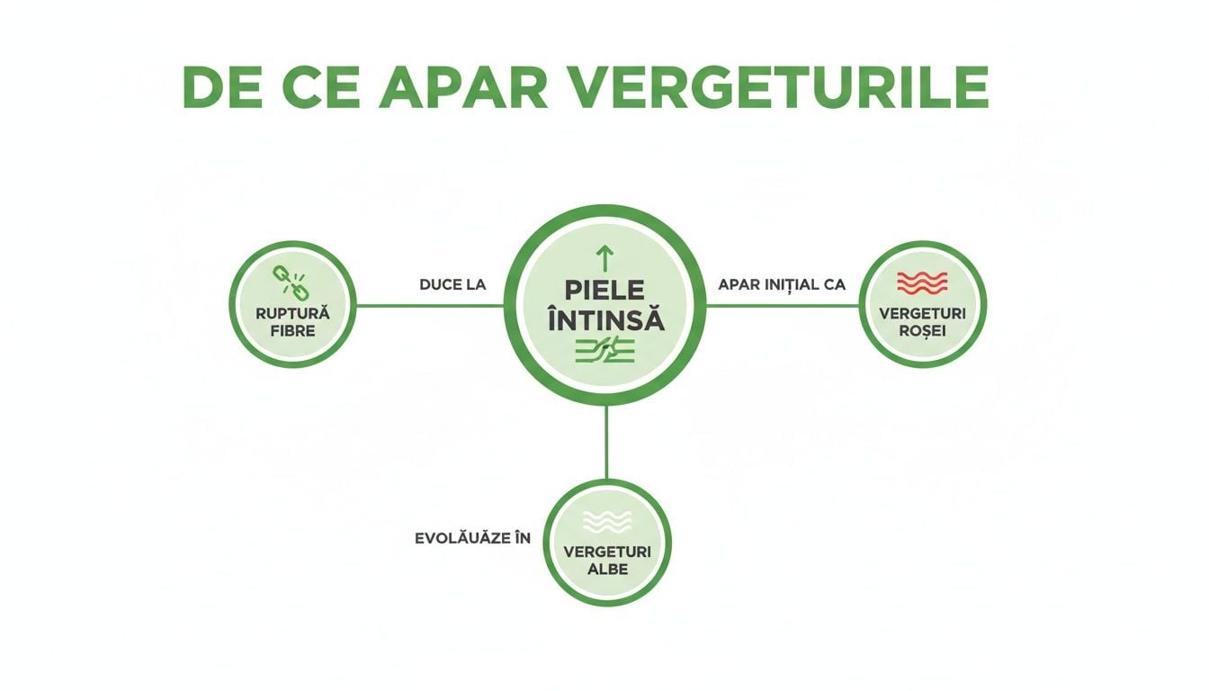 Vergeturi pe sani: Ghid complet pentru prevenție și tratament eficient în 2026 1 Diagramă explicativă despre apariția vergeturilor, de la ruperea fibrelor și pielea întinsă până la vergeturi roșii și albe.