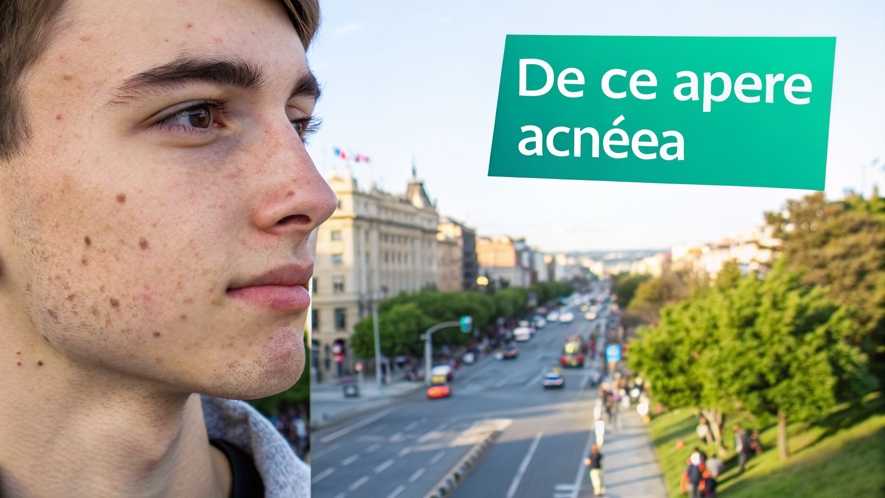 Un tânăr cu acnee și pistrui pe față, privind spre dreapta, cu un peisaj urban estompat în fundal.