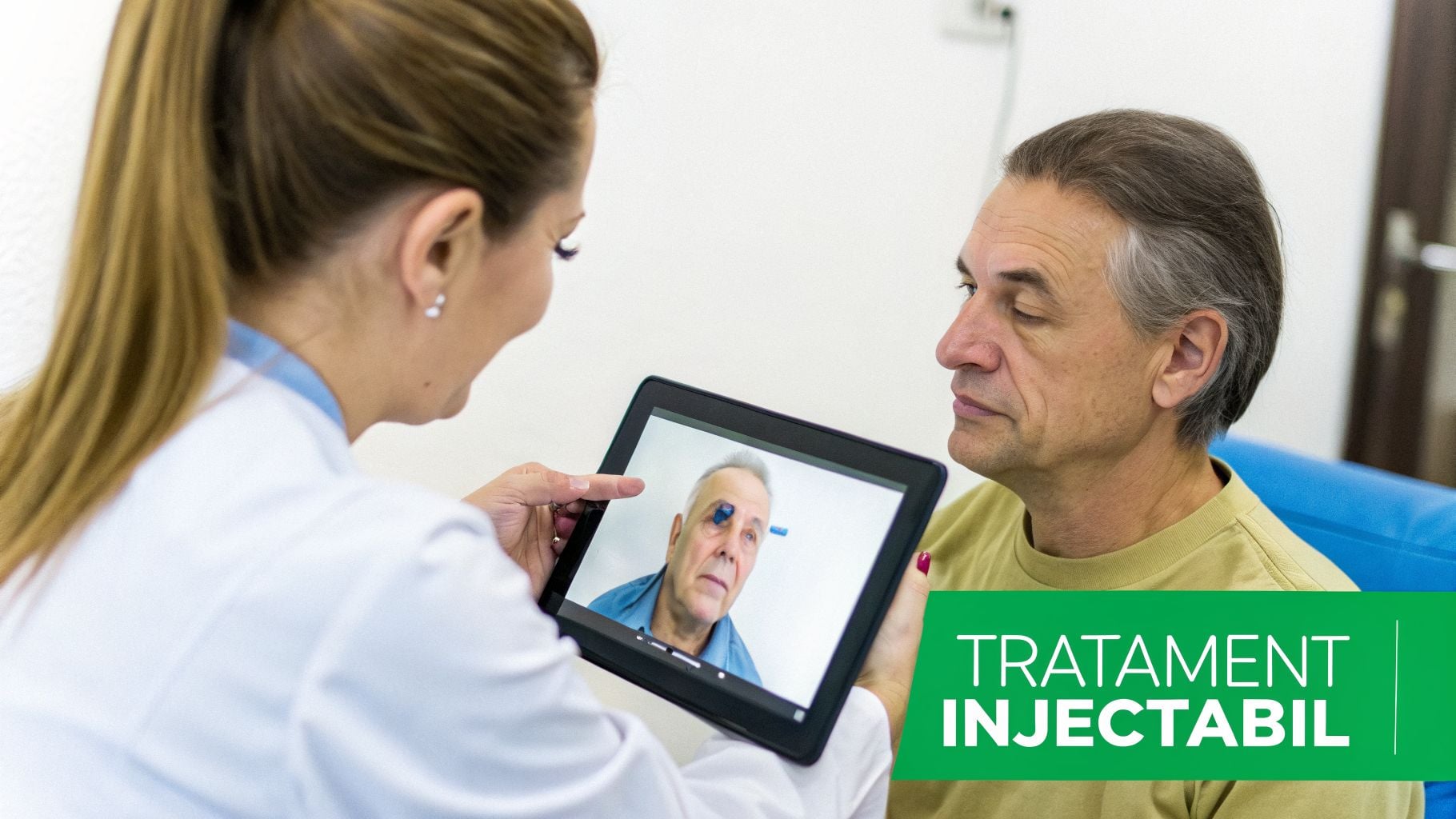 Riduri sub ochi: Ghid complet pentru tratament eficient în 2026 2 O doctoriță îi arată unui pacient imaginea unui ochi pe tabletă, discutând despre un tratament injectabil.