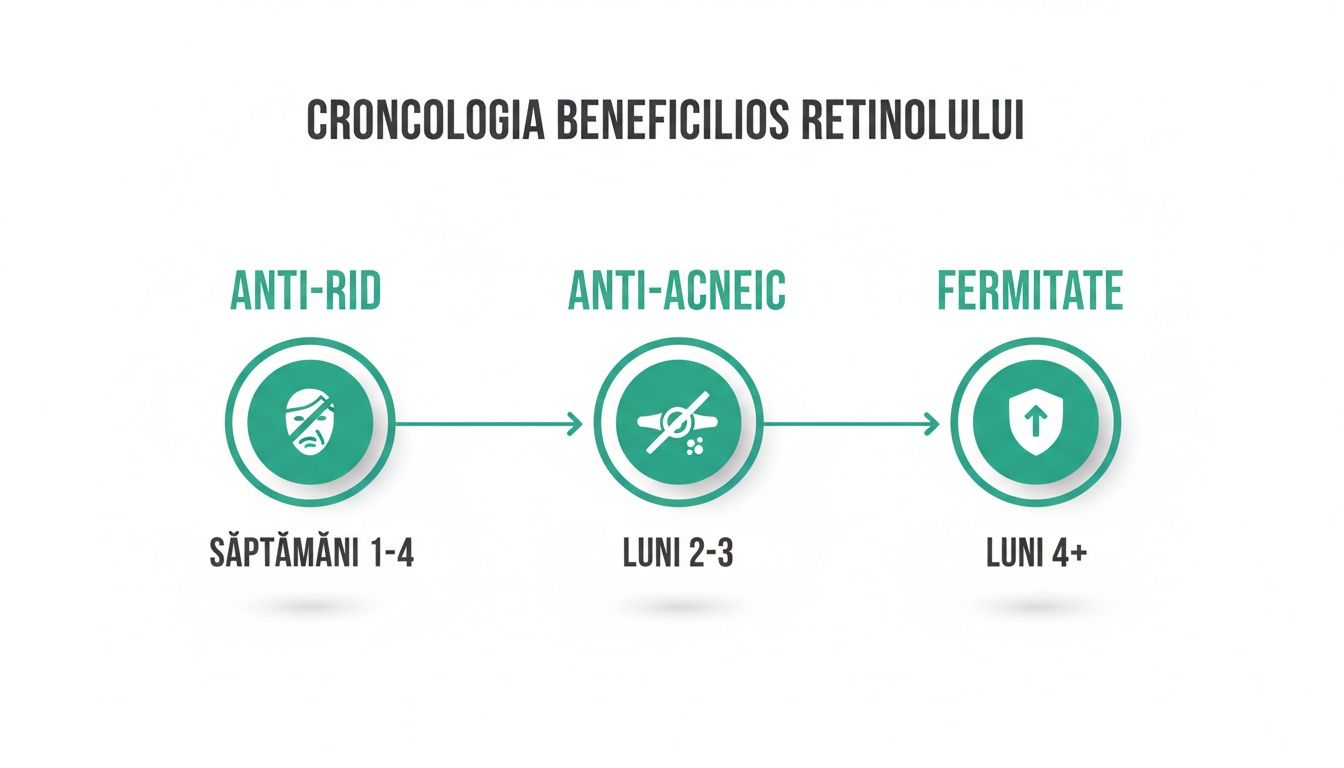 Ce este retinolul și cum transformă tenul în 2026 3 Cronologia beneficiilor retinolului, prezentând efecte anti-rid (săptămâni 1-4), anti-acneice (luni 2-3) și fermitate (luni 4+).