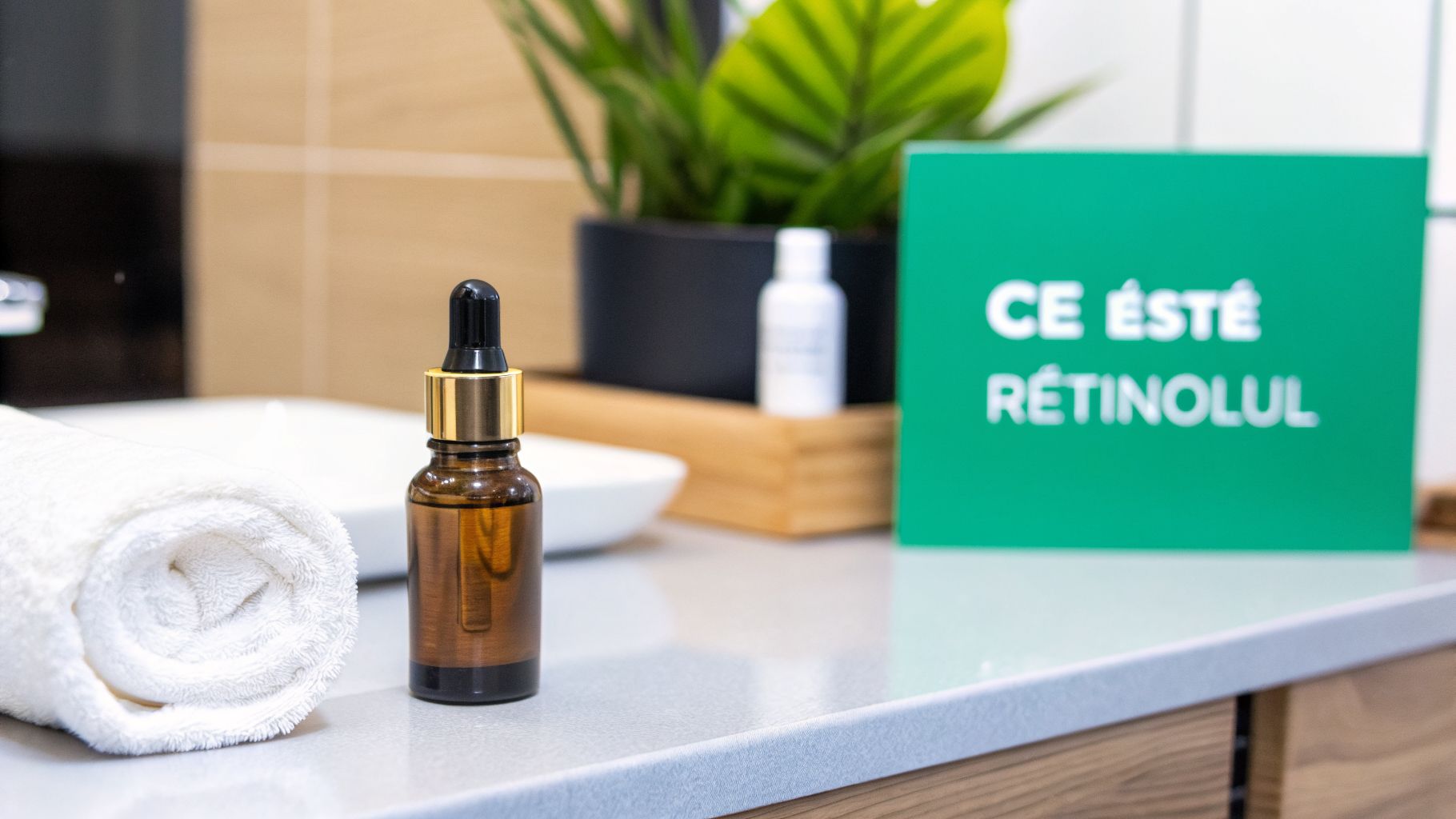 O sticlă cu picurător de ser, un prosop alb rulat și o placă verde cu textul "CE ESTE RETINOLUL" pe o chiuvetă de baie.
