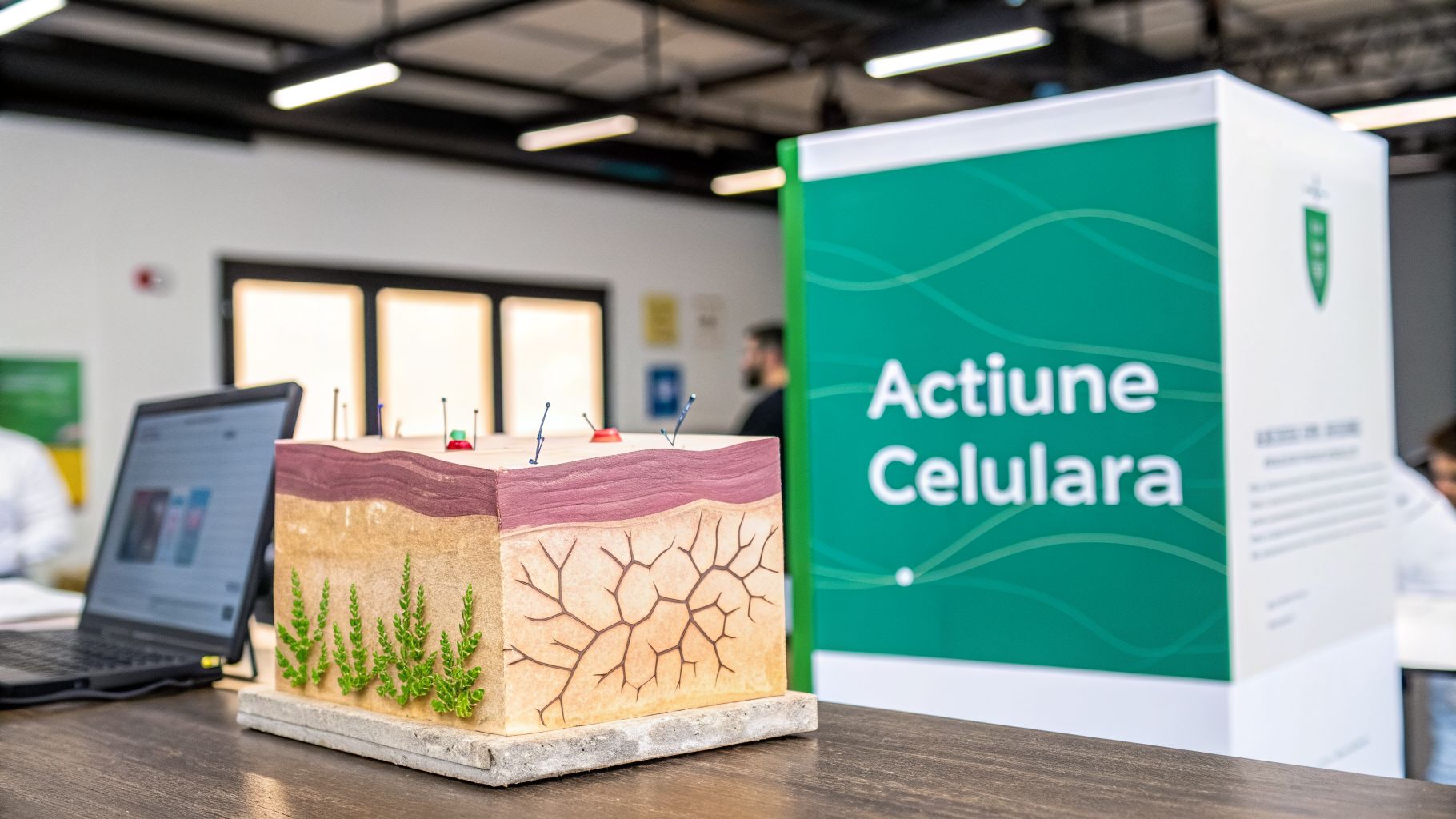 Ce este retinolul și cum transformă tenul în 2026 2 Model 3D al pielii cu laptop și stand informativ despre acțiune celulară într-un laborator.