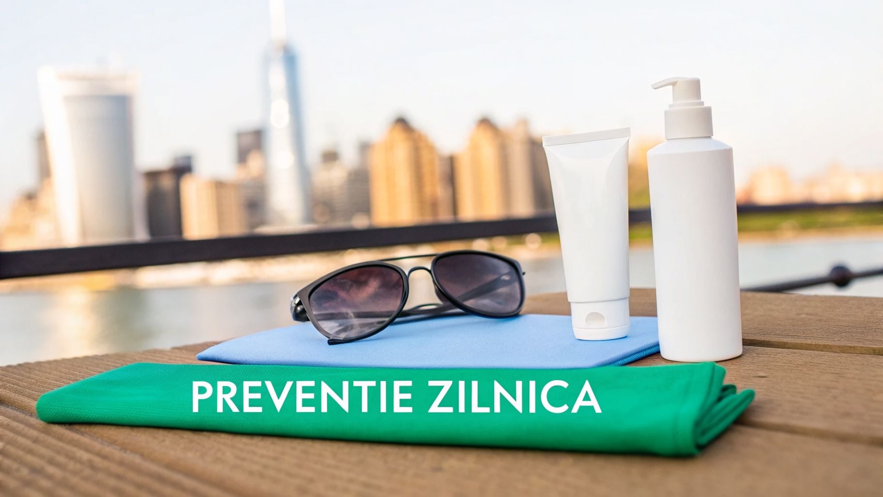 Riduri sub ochi: Ghid complet pentru tratament eficient în 2026 1 Ochelari de soare, loțiuni de protecție solară și prosoape pe o masă de lemn. Text: PREVENȚIE ZILNICĂ.