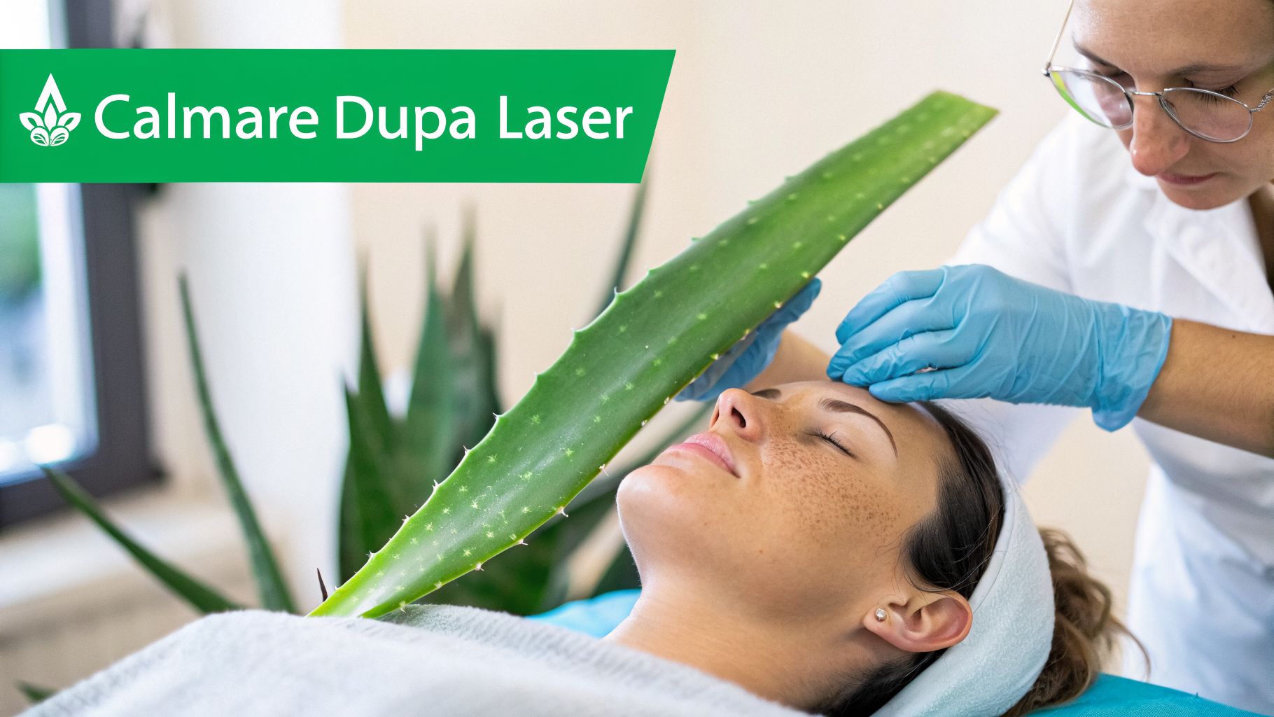 Aloe vera gel beneficii ghid pentru piele și păr 2 O femeie primește un tratament facial calmant cu aloe vera după laser, aplicat de un specialist. Aceasta o ajută la calmarea pielii.