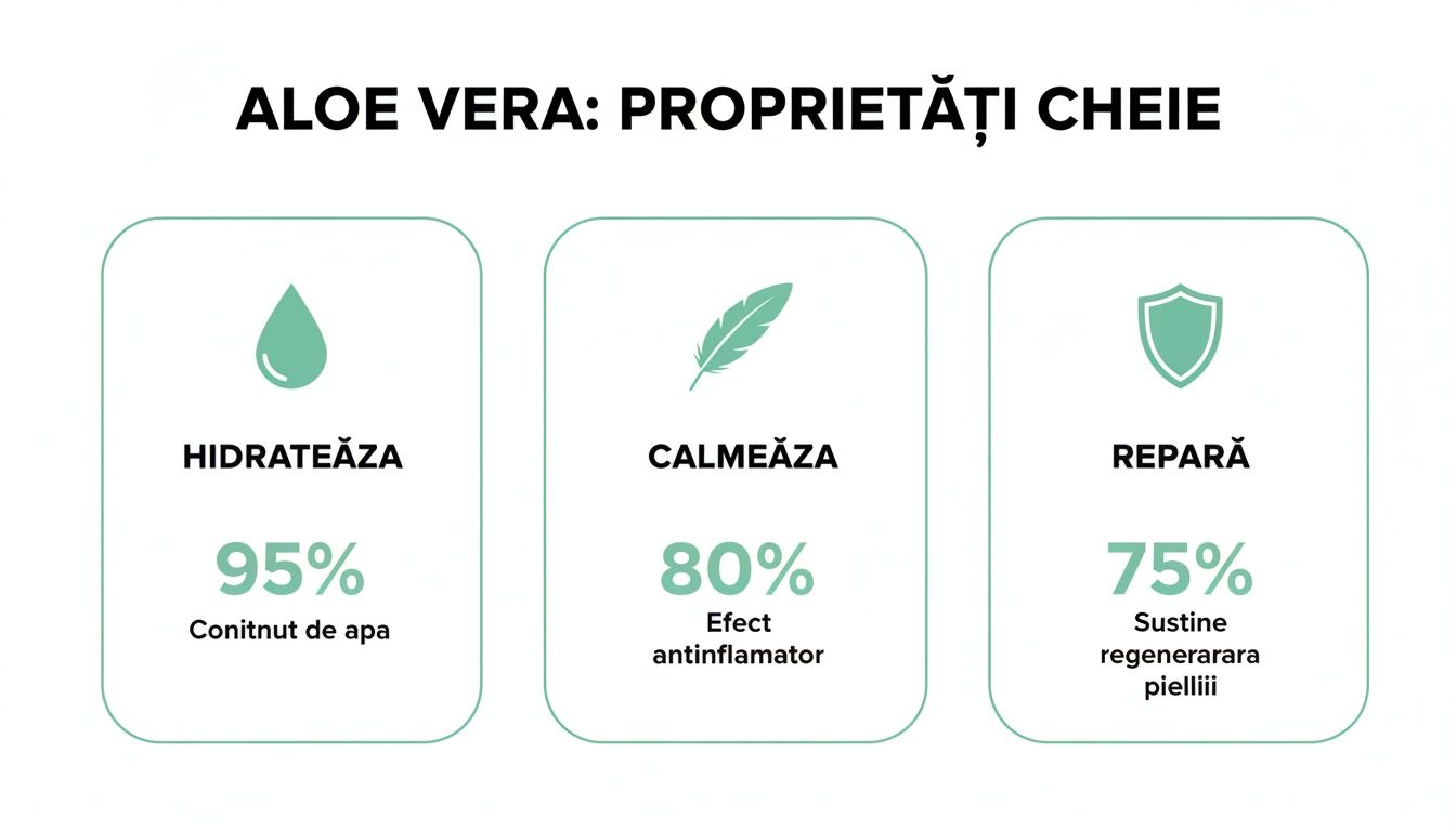 Aloe vera gel beneficii ghid pentru piele și păr 1 Infografic detaliat despre proprietățile cheie ale Aloe Vera: hidratează, calmează și repară pielea, cu procente relevante.