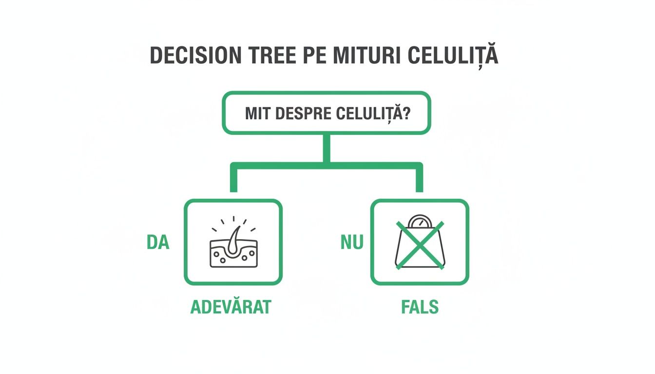 Masaj anticelulitic bucuresti: Obține rezultate reale 3 Arbore decizional despre miturile celulitei, cu întrebarea "Mit despre celulită?" și ramuri pentru "Adevărat" și "Fals".