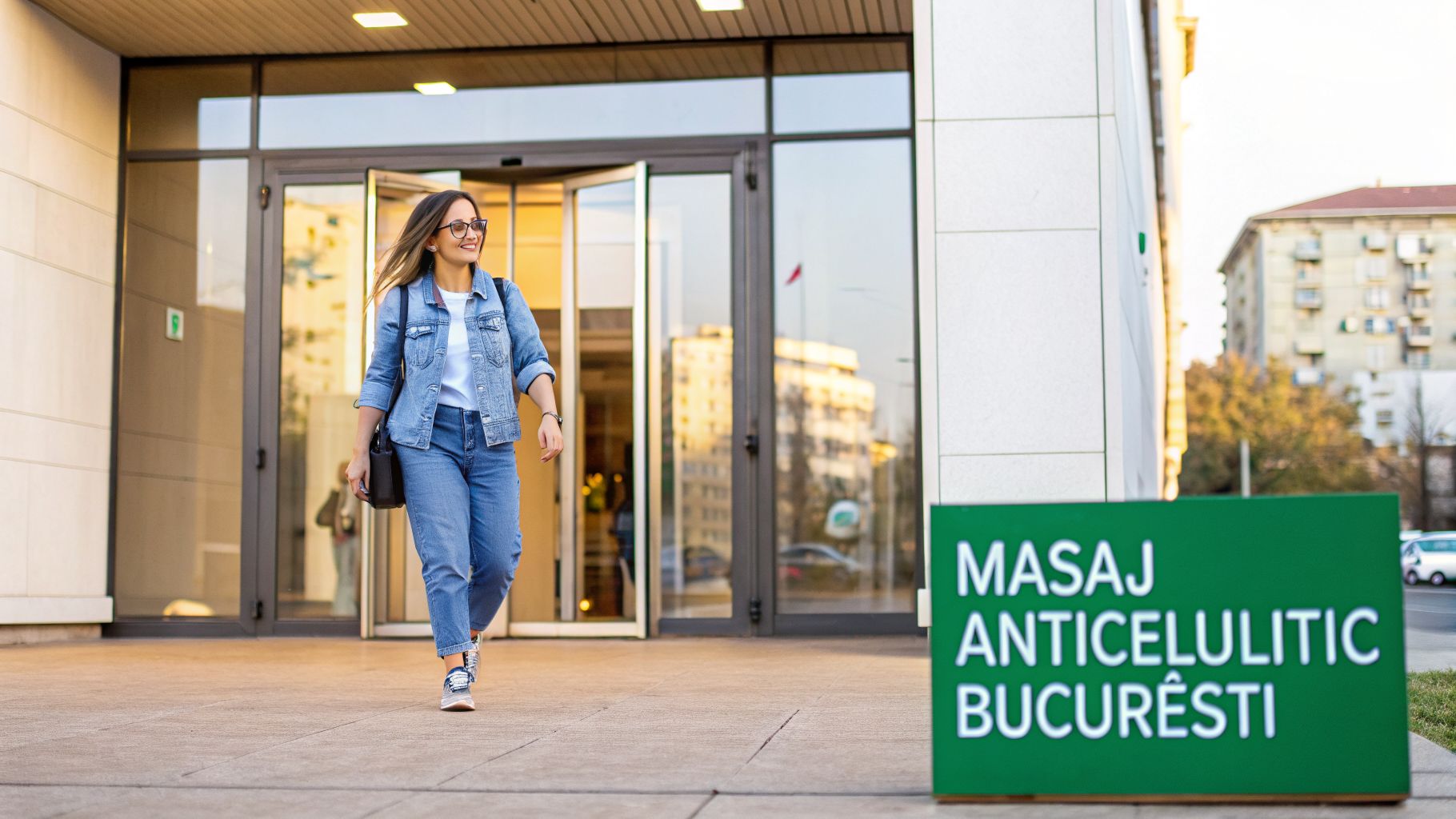 O femeie zâmbitoare iese dintr-o clădire modernă, cu un panou verde publicitar în prim-plan.