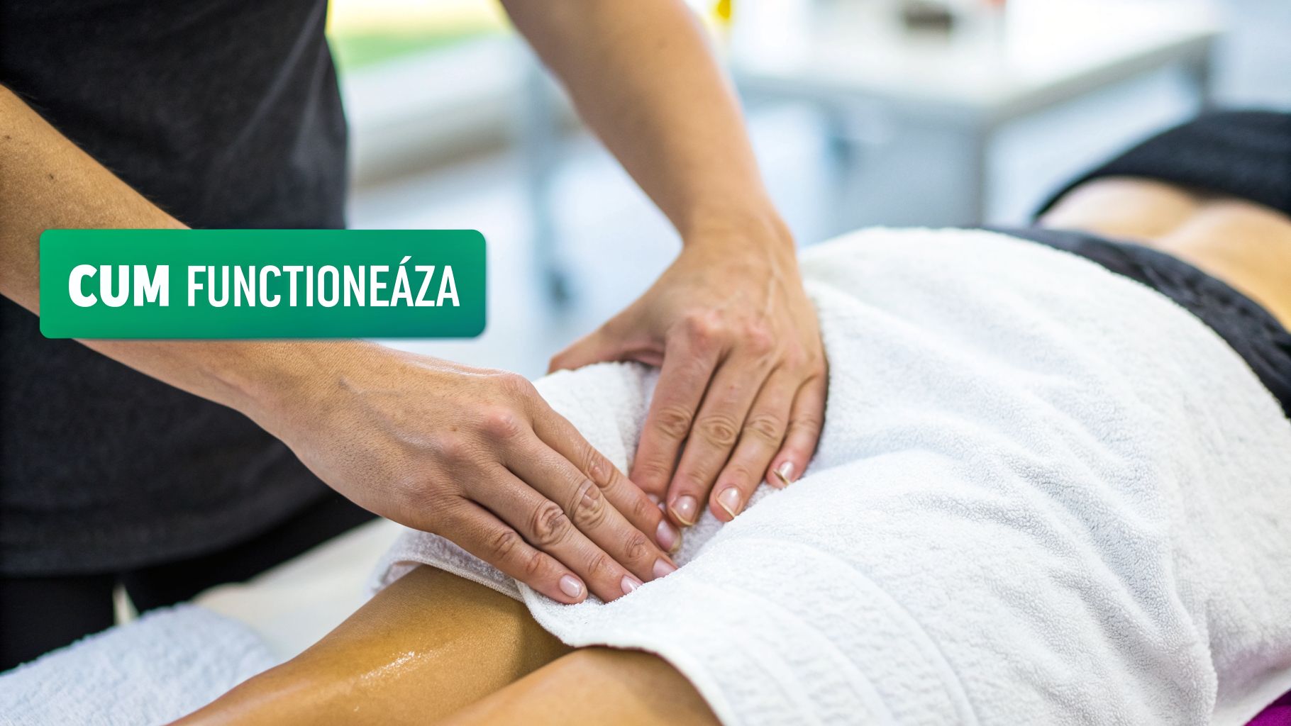 Masaj anticelulitic bucuresti: Obține rezultate reale 2 O terapeută efectuează un masaj pe picioarele unui client, acoperit cu un prosop alb, sub textul 'CUM FUNCȚIONEAZĂ'.