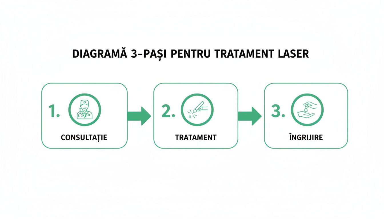 Ghid de rejuvenare facială cu laser pentru un ten impecabil 2 O diagramă simplă în 3 pași care ilustrează procesul de tratament laser: consultație, tratament și îngrijire.