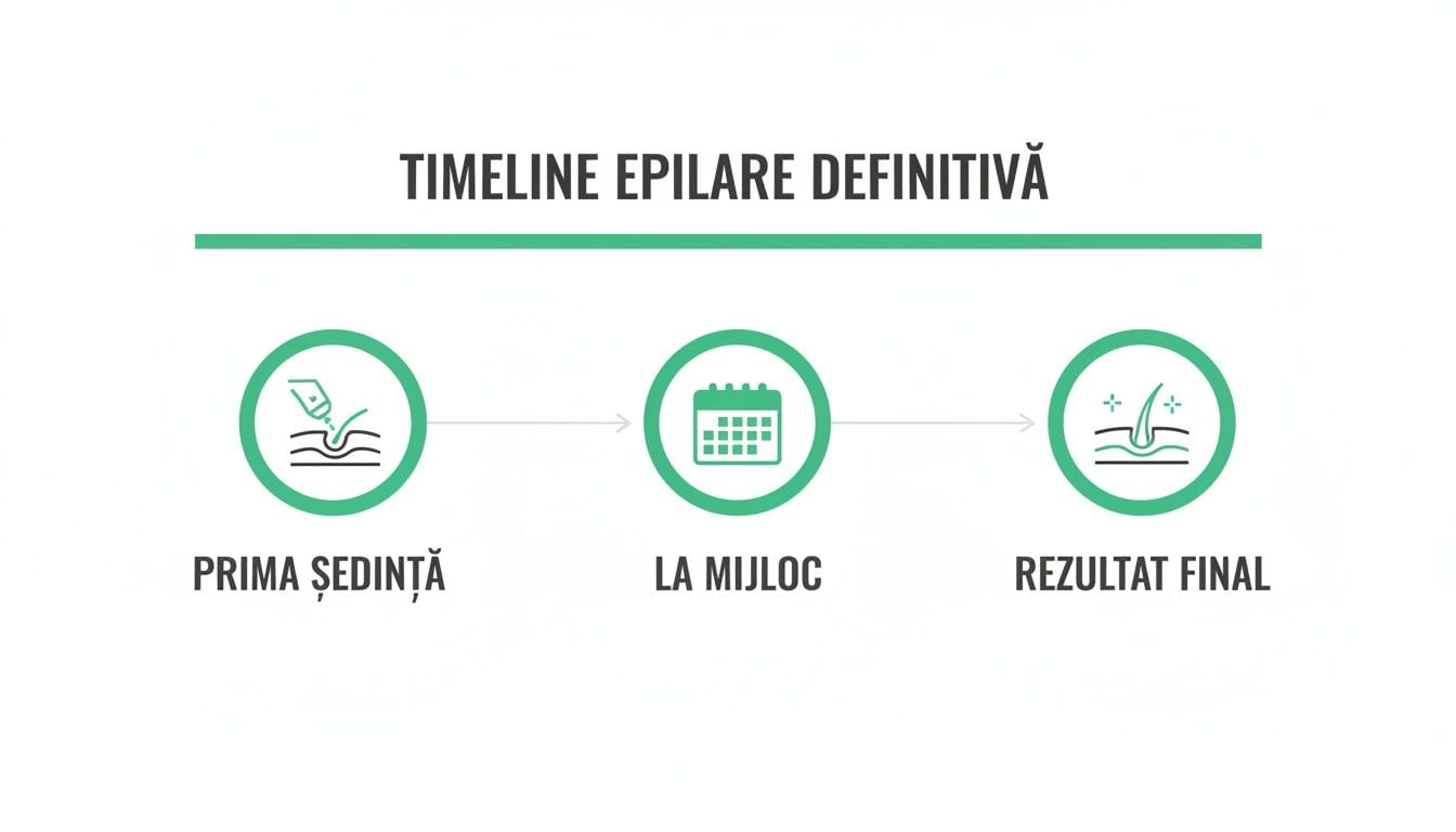 Rezultate epilare definitiva inainte si dupa: Ghid complet 2026 1 Cronologia epilării definitive, prezentând etapele de la prima ședință la rezultatul final cu piele netedă.