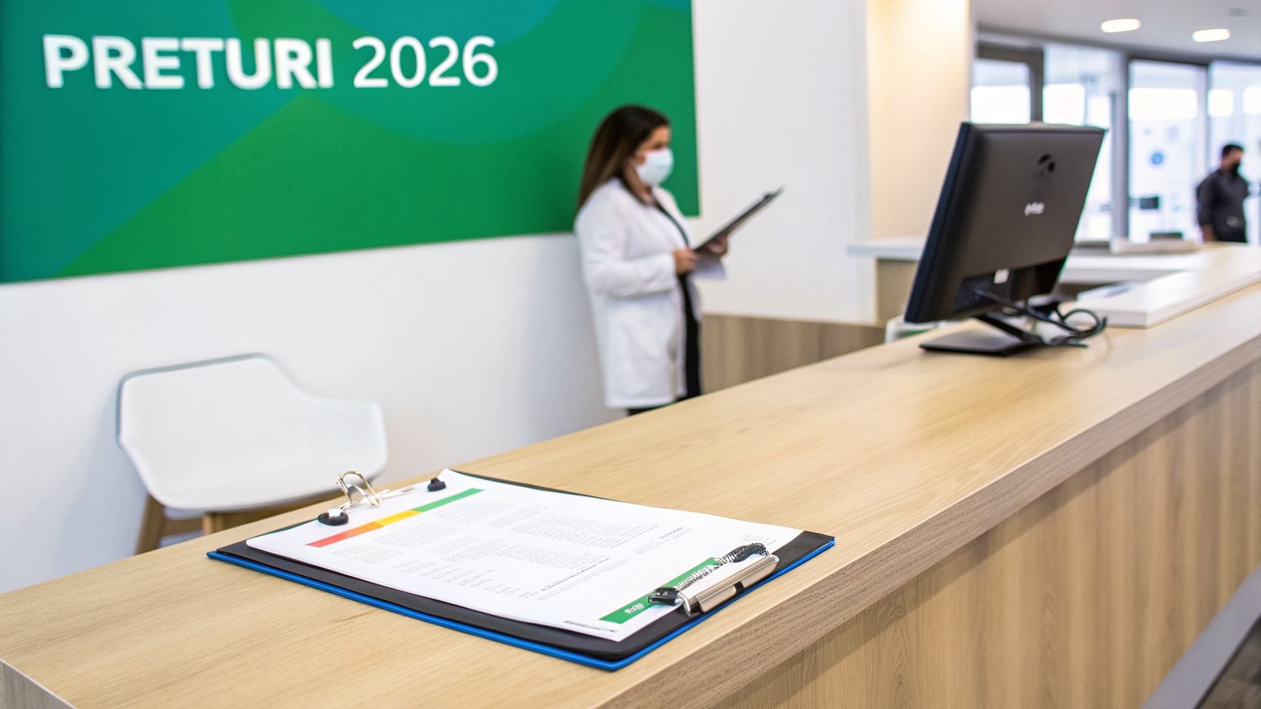 Ghid 2026: Descoperă terapia vampir pret, costuri și beneficii PRP actualizate. 2 Recepție medicală modernă cu birou din lemn, clipboard și un monitor, o persoană în halat și mască.