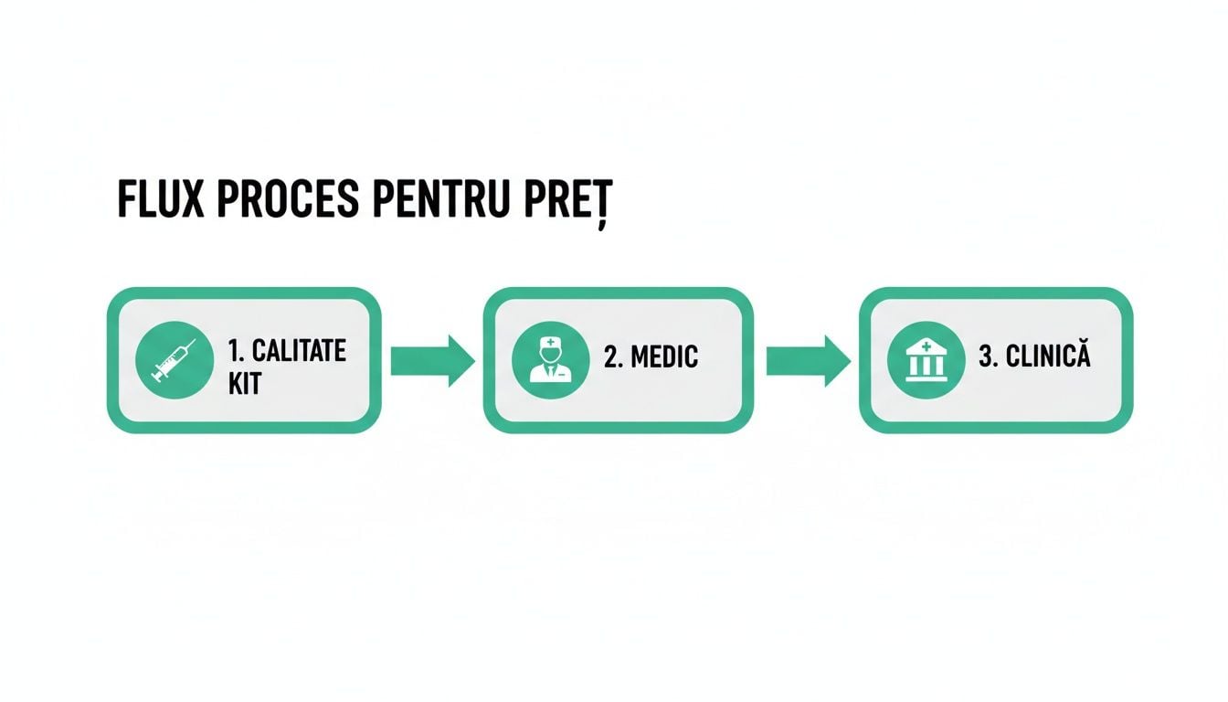 Ghid 2026: Descoperă terapia vampir pret, costuri și beneficii PRP actualizate. 1 Diagramă flux proces pentru stabilirea prețului, ilustrând etapele: calitatea kitului, implicarea medicului și clinica.