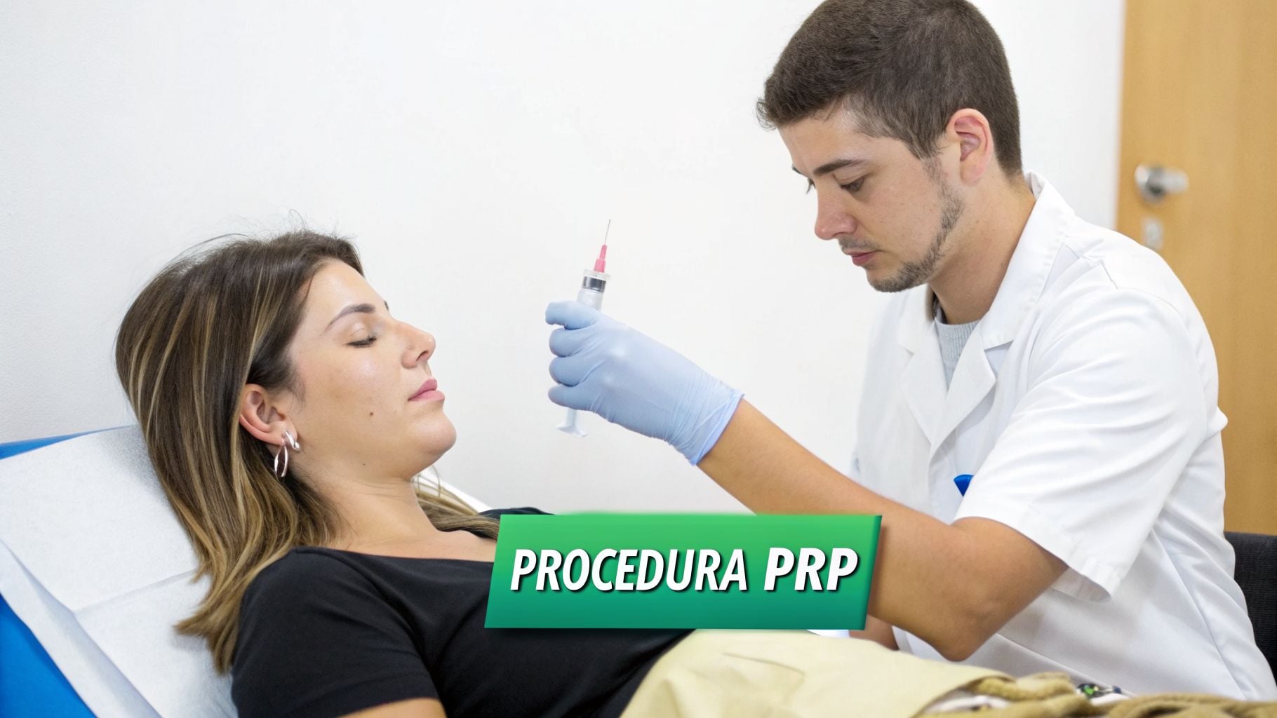 Ghid 2026: Descoperă terapia vampir pret, costuri și beneficii PRP actualizate. 3 Un profesionist medical pregătește o injecție pentru o pacientă culcată, indicând o procedură PRP.