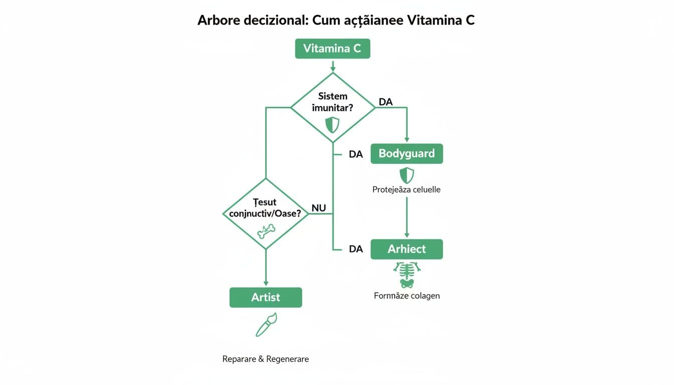 Fiole vitamina C ghid pentru un ten radiant 2026 2 Diagramă decizională despre modul de acțiune al vitaminei C în organism, explicând rolurile sale de bodyguard, arhitect și artist.