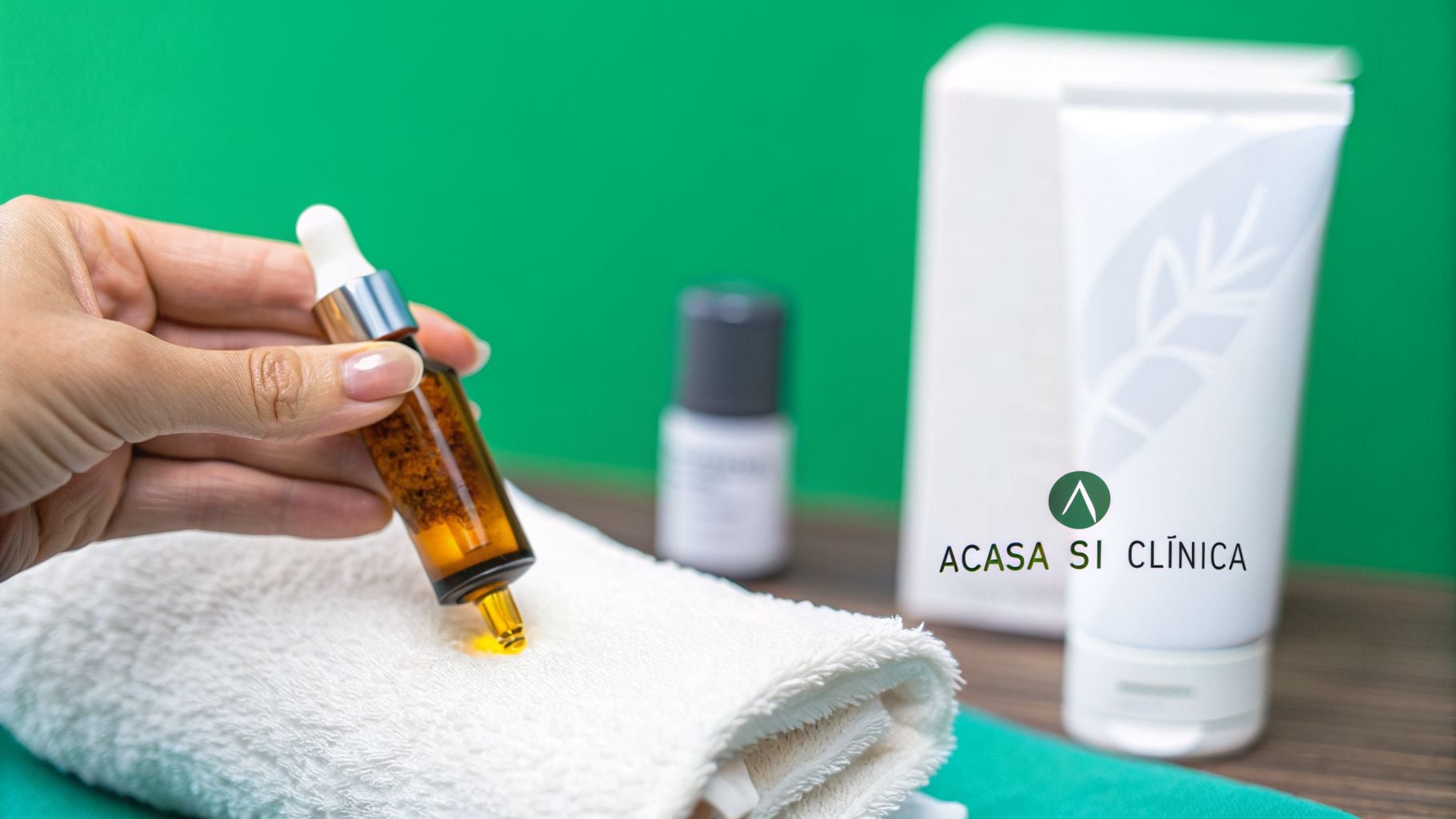 Fiole vitamina C ghid pentru un ten radiant 2026 3 O mână ține o fiolă cu picurător de unde picură un ser auriu pe un prosop alb, lângă produse cosmetice ACASA SI CLINICA.